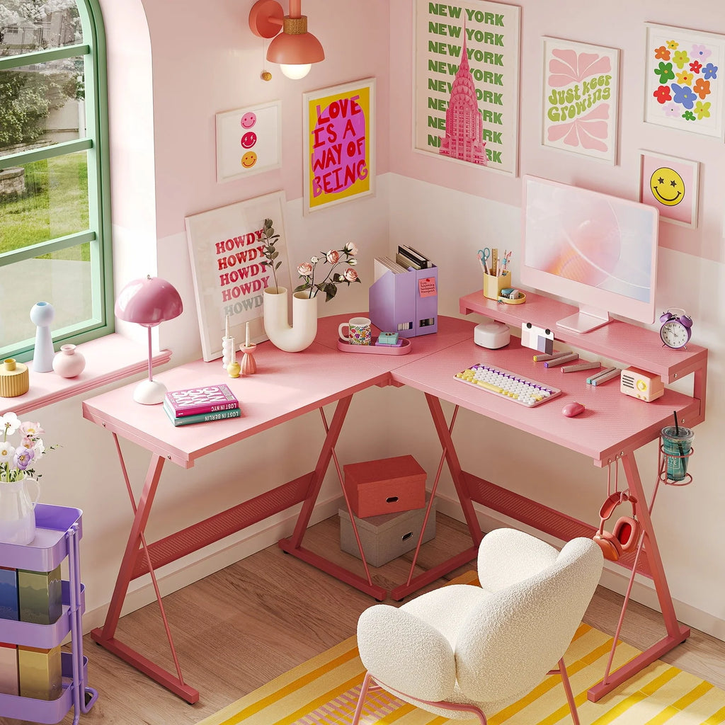 Bestier Pink Computer Desk with LED Light L-Shaped Desk Gaming Computer Desk with Monitor Stand