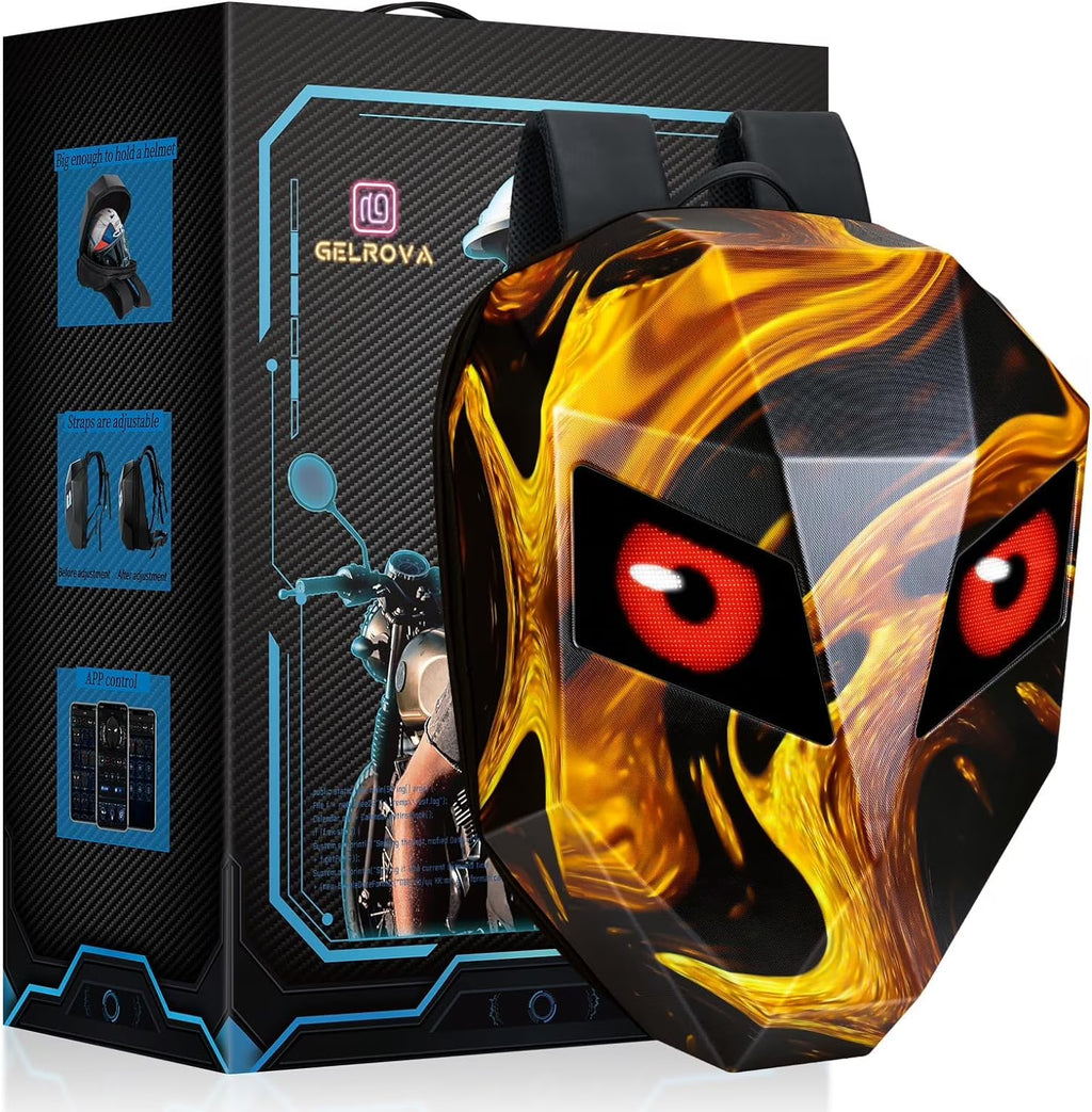 Gelrova Knight LED Bike Backpack, Black Hard Shell Motorcycle Helmet, Small Size 17in