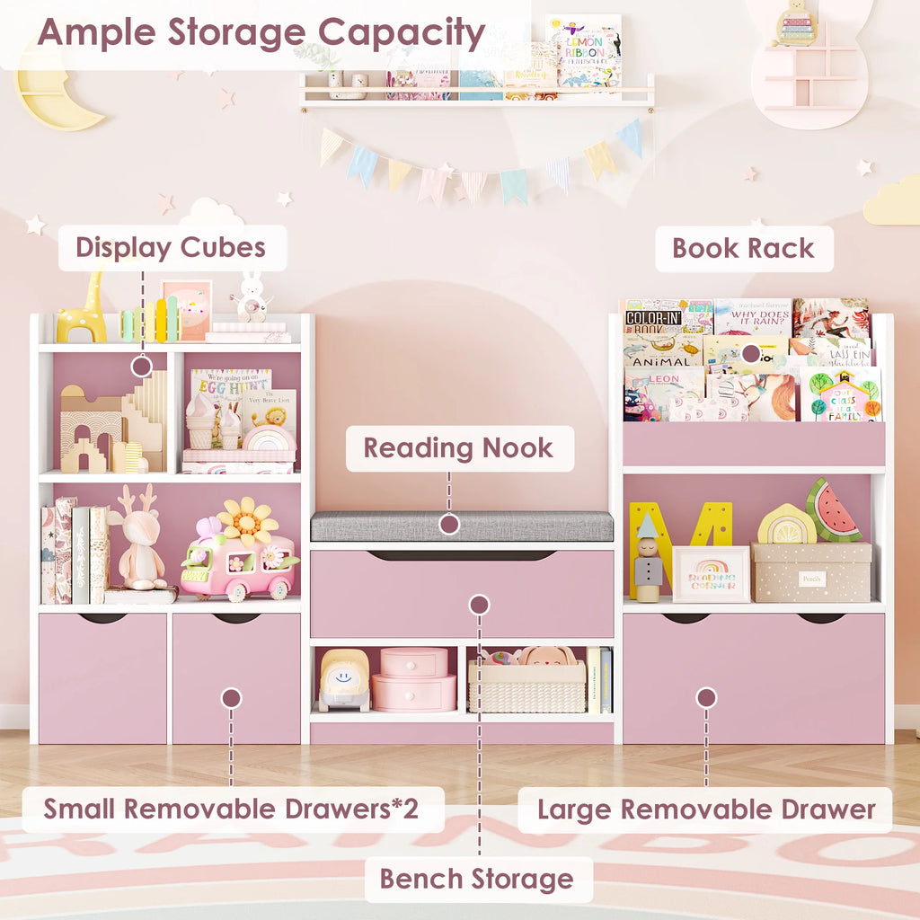 Hiphuta 72"Wide Kids Bookcase with Reading Nook and Under Bench Storage, Wooden Toy Storage Organizer & Book Rack for Kids Room, White