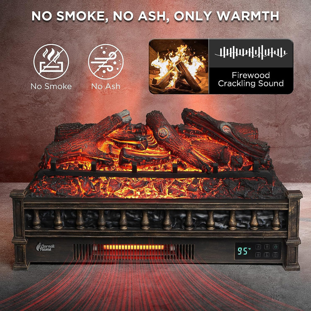 TURBRO Eternal Flame 26 in. WiFi Infrared Quartz Electric Fireplace Log Heater with Sound Crackling, Realistic Pinewood Logs, Adjustable Flame Colors, Remote Control, Thermostat, Timer, 1500W Bronze