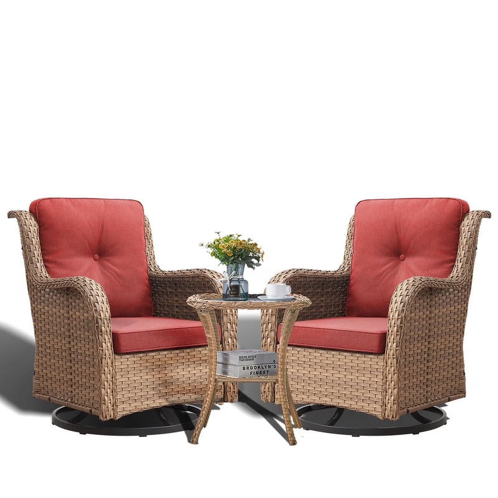 POCASSY 3 Piece Patio Set Outdoor Wicker Glider Rocking and Swivel Chairs with Cushions