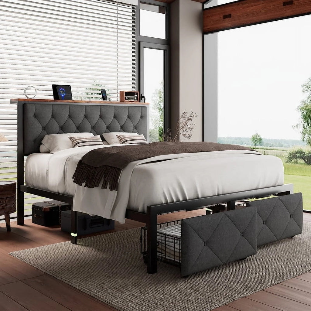 iPormis Full Bed Frame with 2 Drawers, Metal Platform Bed with Charging Station and Linen Fabric Storage Headboard Strong Metal Slats Black,Gray