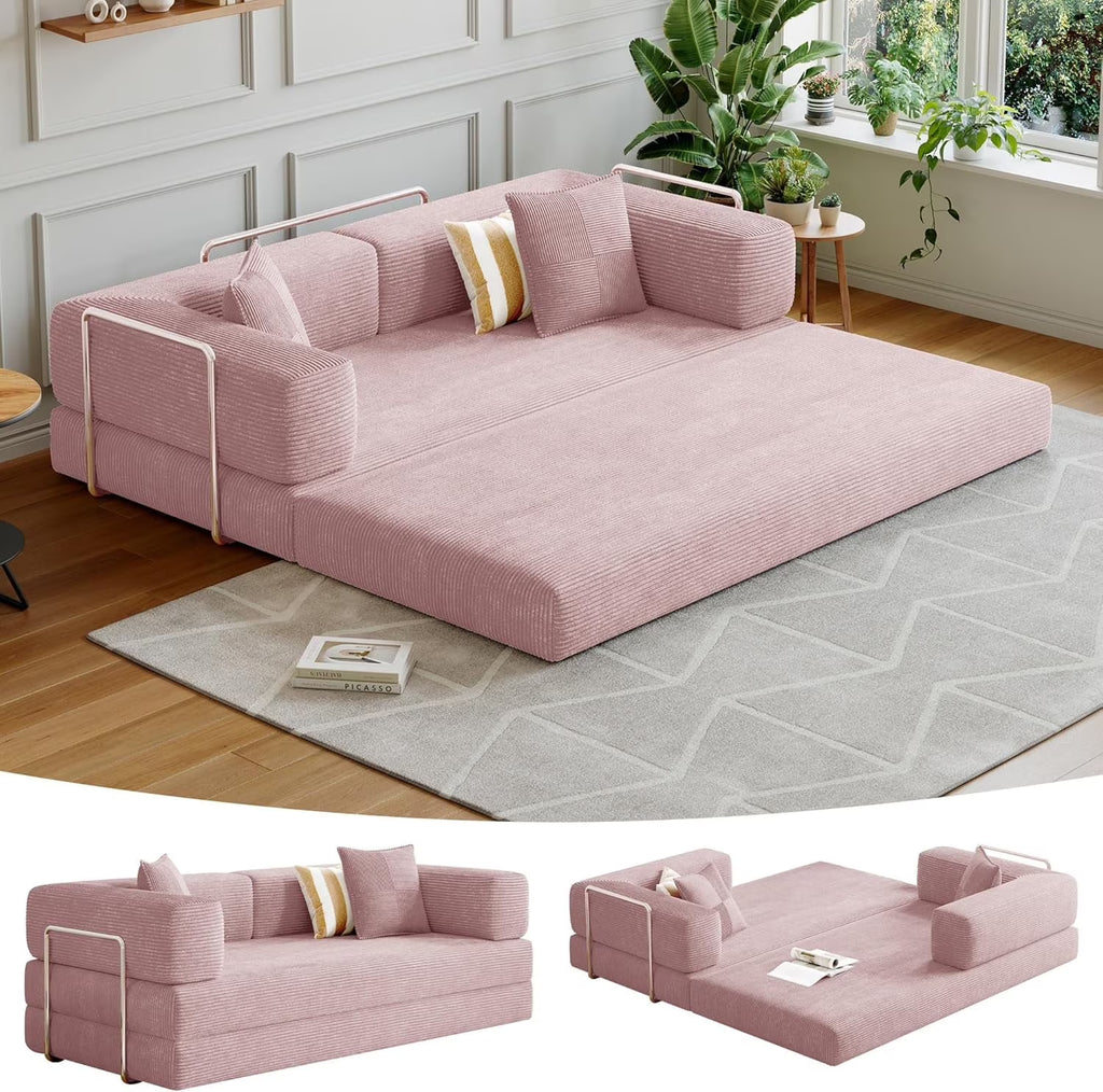 Convertible Sleeper Sofa Bed,Compressed Floor Boneless Couch,Modular Modern Corduroy Sofa for Living Room Bedroom -with Fixed-Shape Frame and Support Armrest,Easy Assembly(Green)