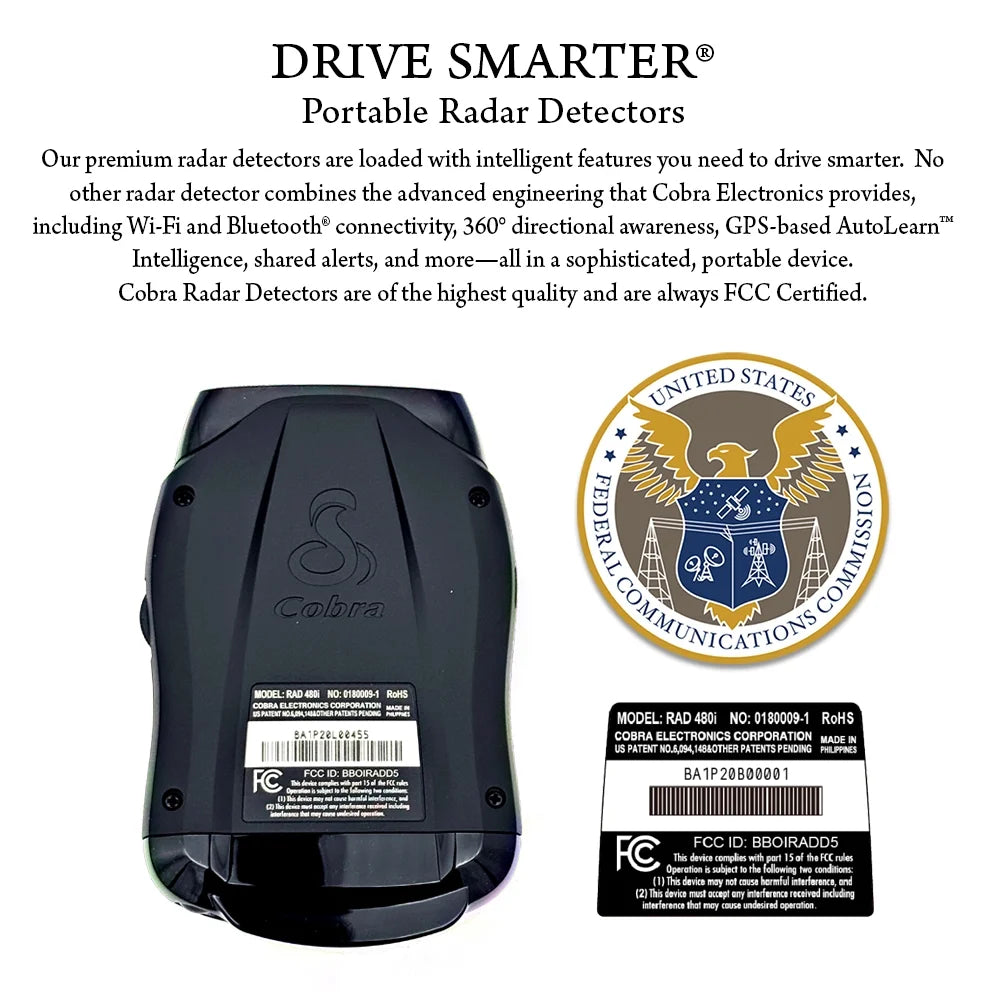 Cobra RAD 480i Connected Radar Detector, Long Range, Bluetooth, Front & Rear Detection + CarPlay (New)