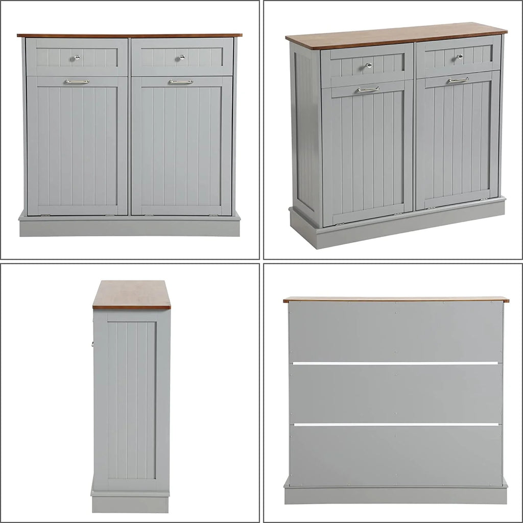 KIGOTY Dual Kitchen Trash Cabinet, Double Tilt Out Trash Can Cabinet with Countertop and Drawer, Free-Standing Pet Proof Recycling Cabinet Garbage Can Holder, Wood (White)