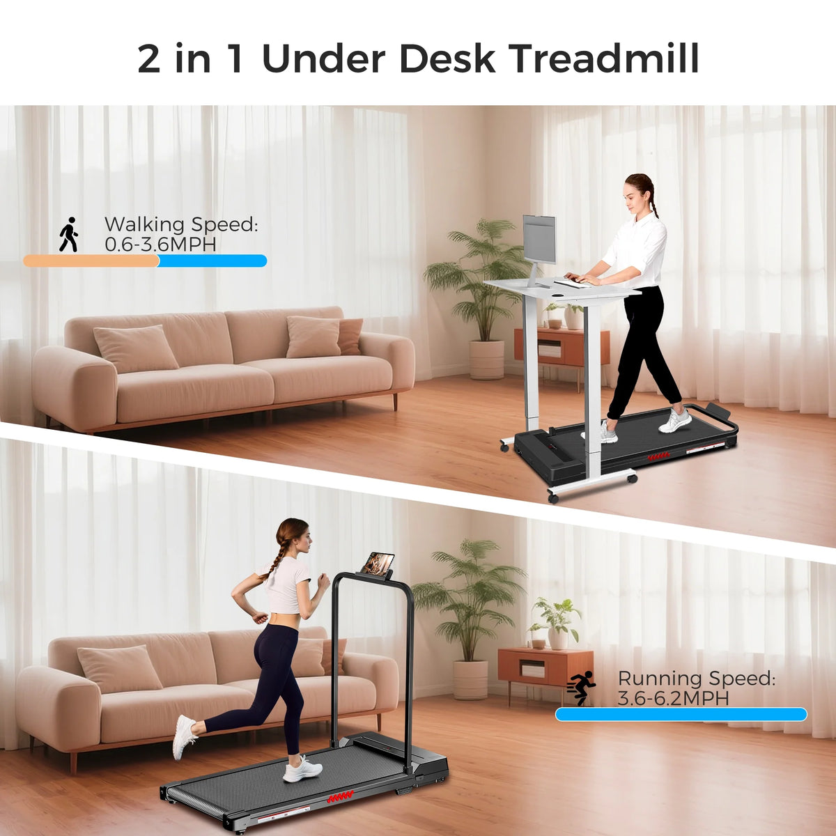 2 in 1 Walking Pad Treadmill, Foldable Treadmills with Handle Bar, 2.5HP Portable Folding Treadmill with Remote Control, Under Desk Treadmill for Home Office, 300lbs, Black
