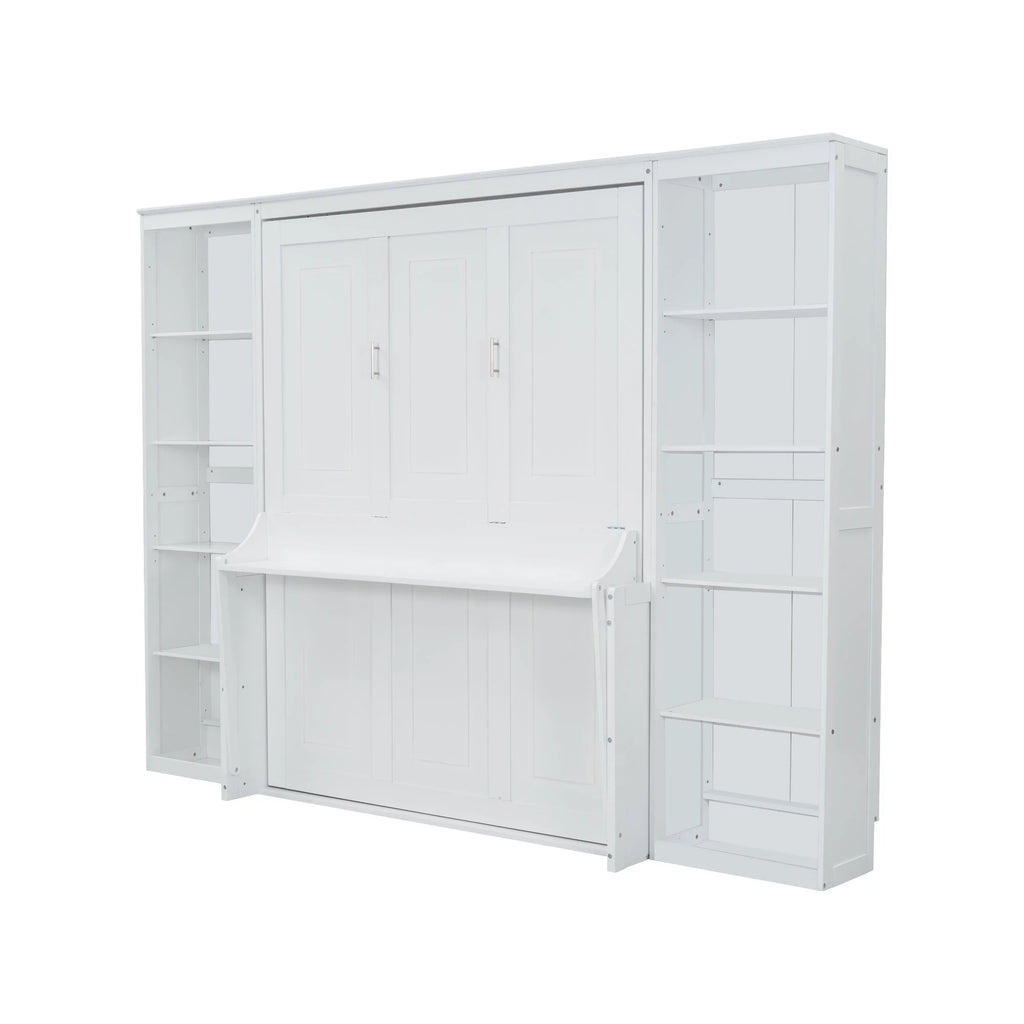 Euroco Wood Full Size Murphy Bed with Desk and Shelves, Space-Saving Wall Bed for Bedroom