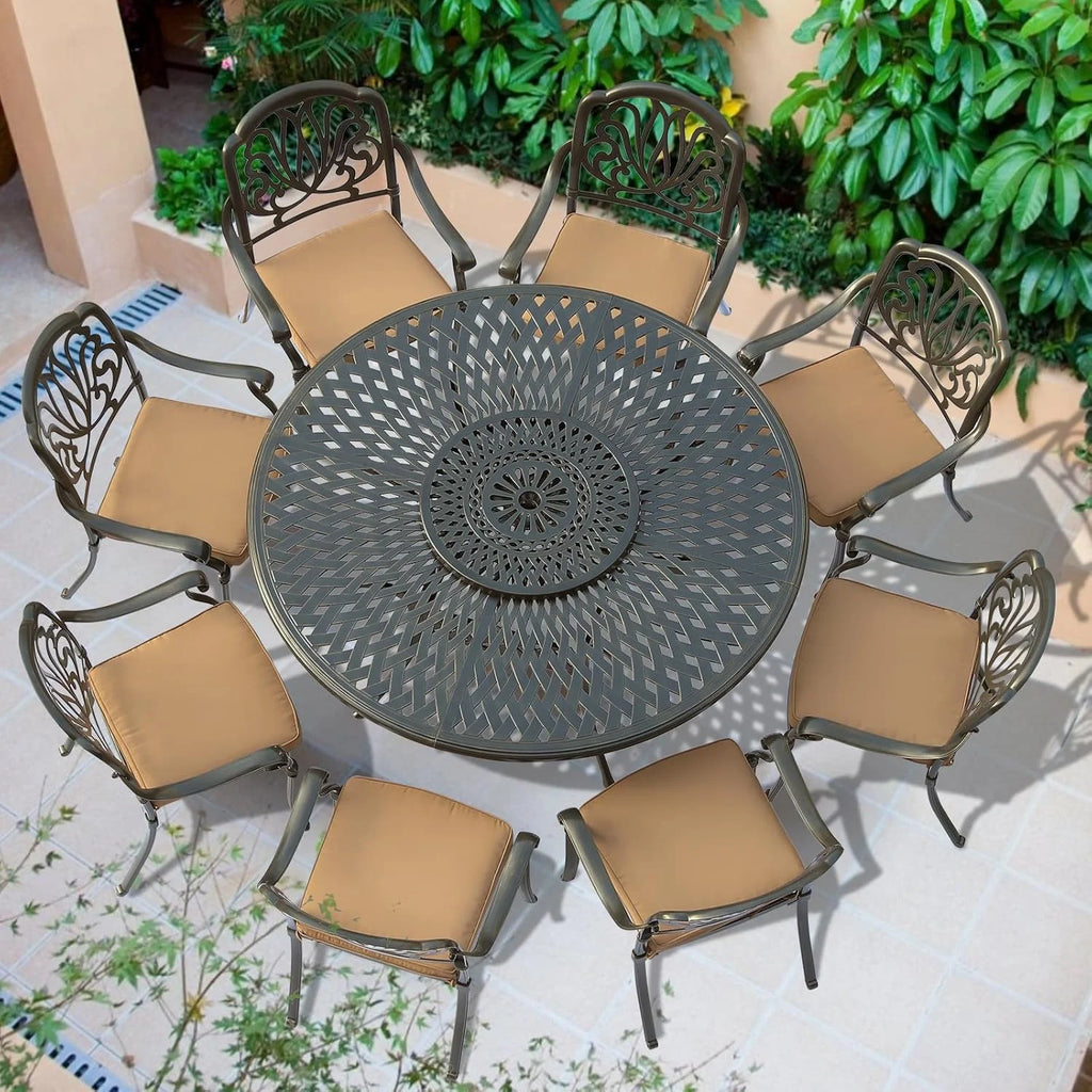 VIVIJASON Outdoor 61" Patio Dining Table for 6-8 Person, Large Patio Round Dining Table with 24" Lazy Susan, Dark Bronze Cast Aluminum Rustic Patio Table W/Umbrella Hole for Balcony, Porch and Deck