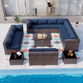 Gotland 15 Pieces Outdoor Patio Furniture Set with Propane Fire Pit Table Outdoor Sectional Sofa Sets Patio Furniture 43" Gas Fire Pit PE Rattan Patio Conversation Set (Navy Blue)