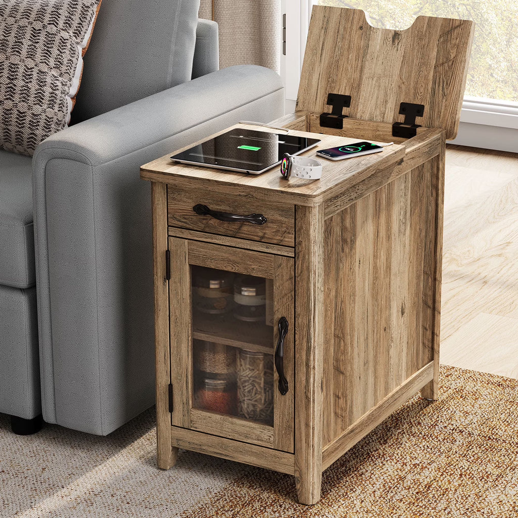 LINSY HOME End Tables for Living Room with Charging Station, Nightstand for Bedroom with Drawer and Detachable Holder,Washed Grey & Brown