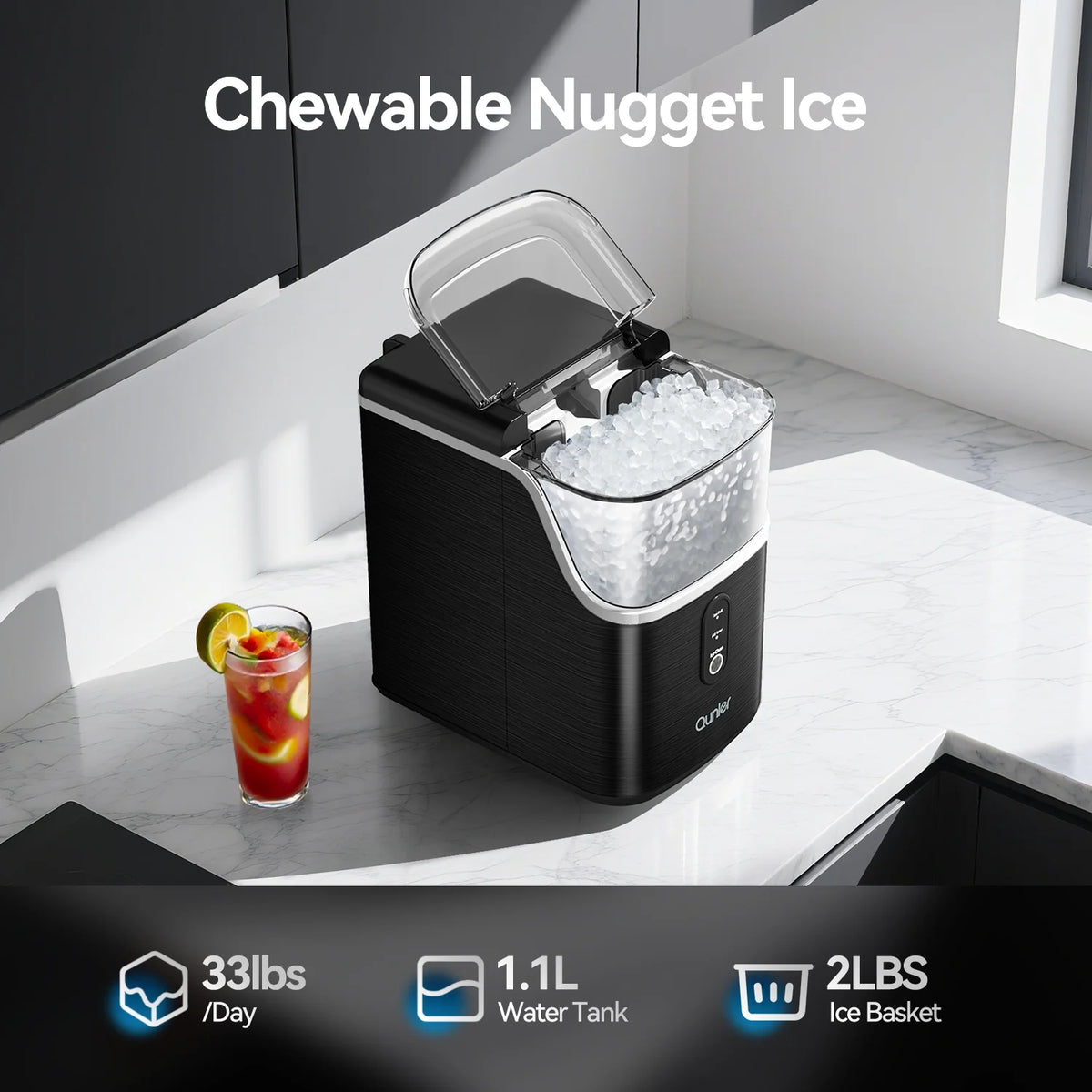 Qunler Nugget Ice Maker Countertops, 33lbs Per Day Portable Pebble ice machine, Crushed Sonic ice maker with Soft Chewable Ice for Home, Party, RV, Camping, Stainless Steel Black