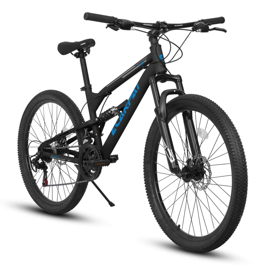 26 Inch Mountain Bike, Dual Full Suspension 21-Speed Disc Brakes Thumb Shifter, Carbon Steel Frame Mountain Bike, Mens Womens Trail Commuter City Bicycles