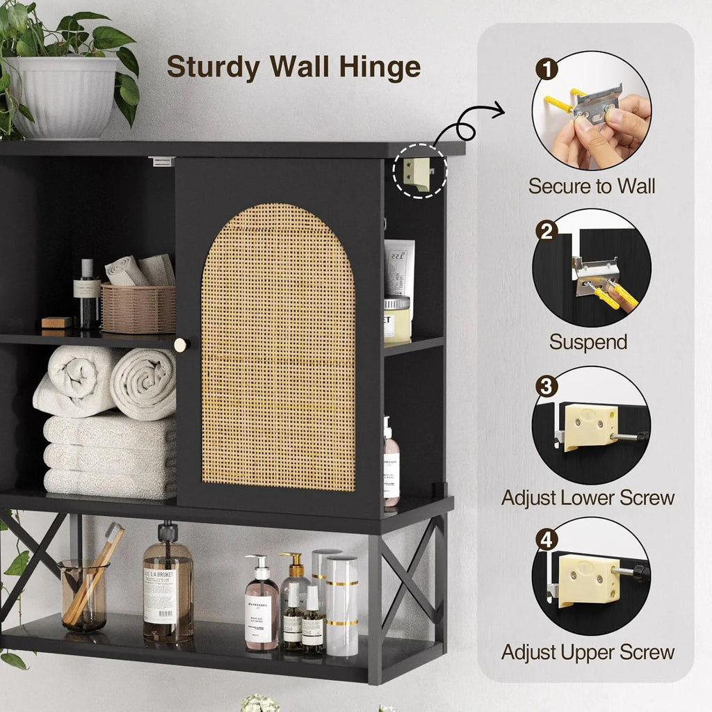 VEANERWOOD Rattan Bathroom Wall Storage Cabinet with Double Doors and Adjustable Shelves, Medicine Wall Storage Cabinet for Kitchen, Toilet, Bathroom