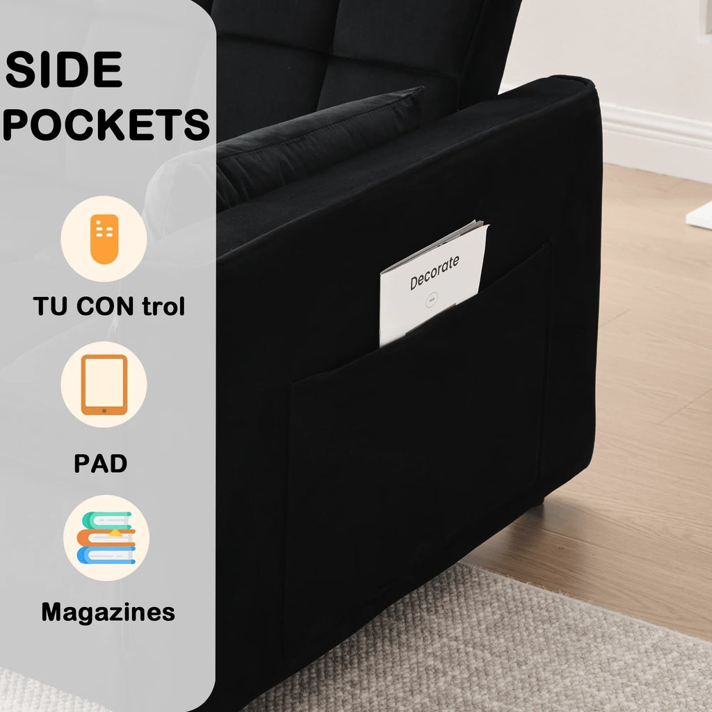 BINBANK Black Velvet 3-in-1 Convertible Sleeper Sofa Bed a?? USB Charging, Adjustable Backrest Pull-Out Futon Loveseat Couch for Living Room, Apartment & Small Space