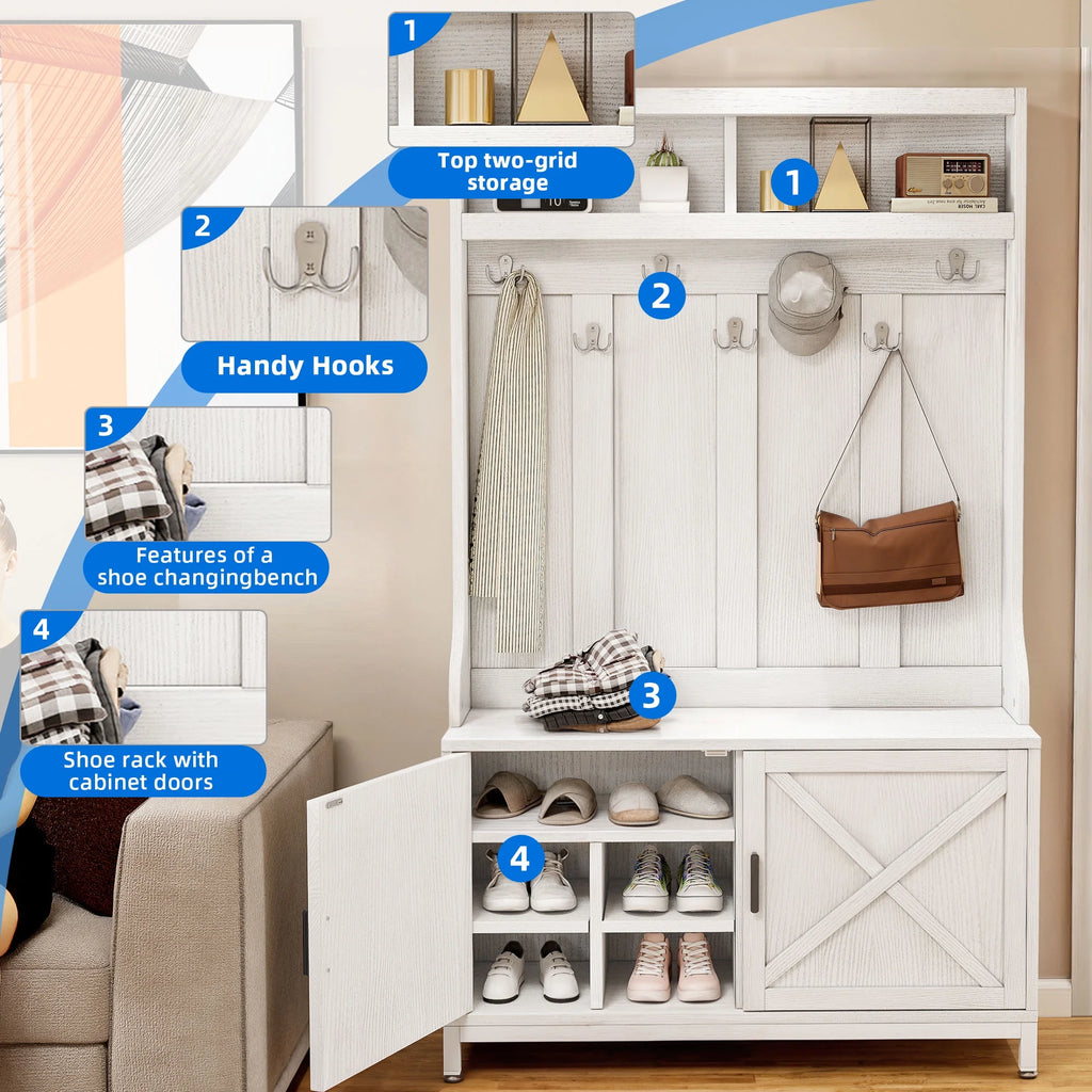 Dextrus 4-in-1 Coat Rack with 14 Hooks, Farmhouse Hall Tree with Storage Bench, Coat Hanger, Shoe Cabinet for Hallway, Living Room, White