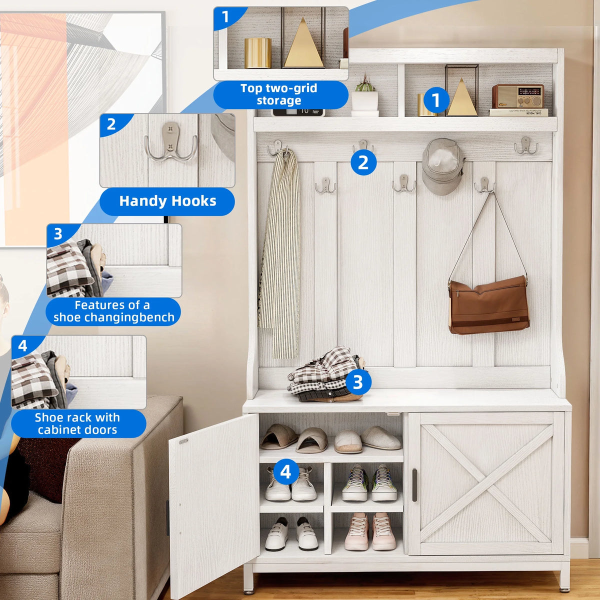 Dextrus 4-in-1 Coat Rack with 14 Hooks, Farmhouse Hall Tree with Storage Bench, Coat Hanger, Shoe Cabinet for Hallway, Living Room, White