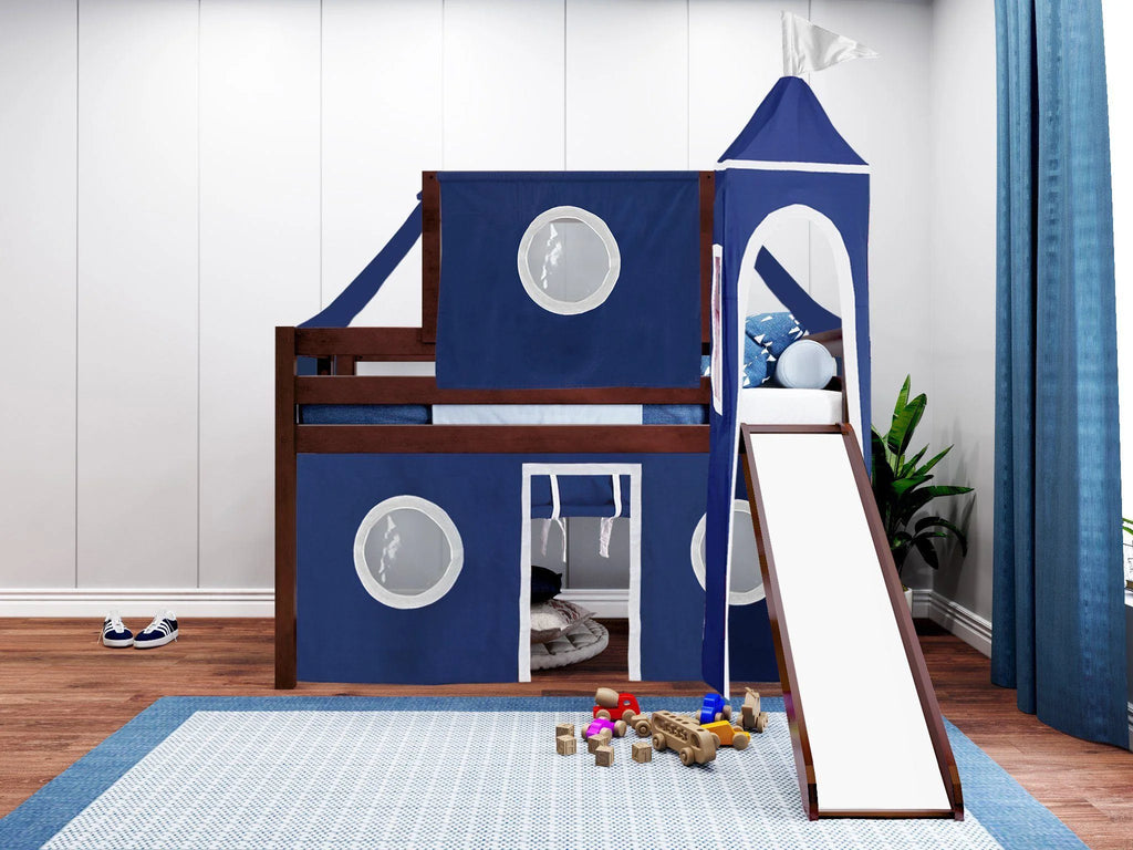 JACKPOT! Castle Low Loft Bed with Slide, Red Yellow and Blue Tent and Tower, Twin, Cherry