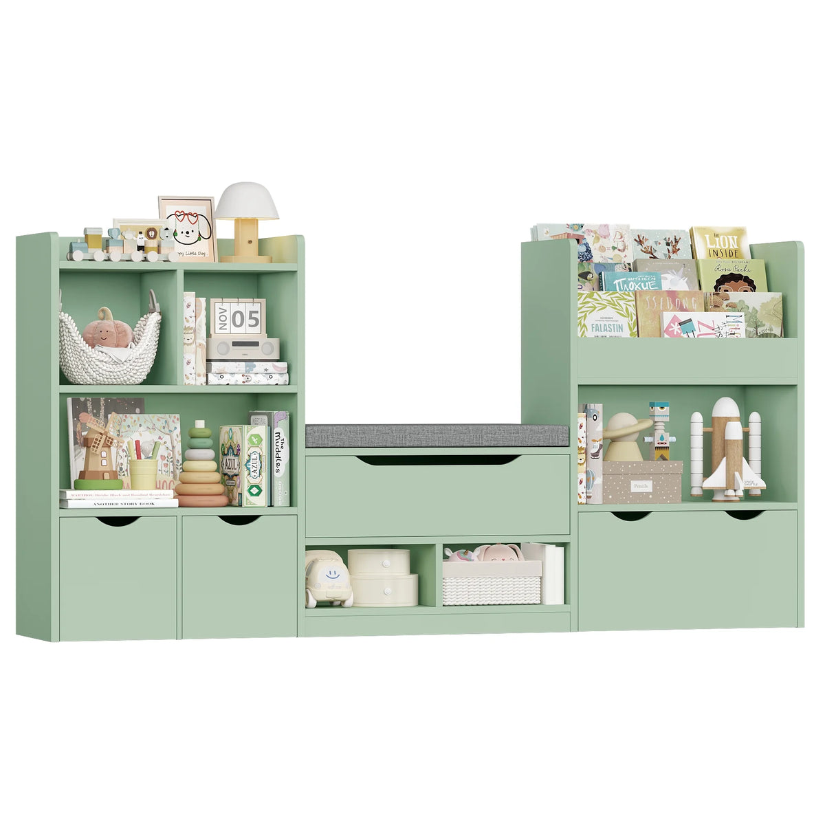 Hiphuta 72"Wide Kids Bookcase with Reading Nook and Under Bench Storage, Wooden Toy Storage Organizer & Book Rack for Kids Room, White