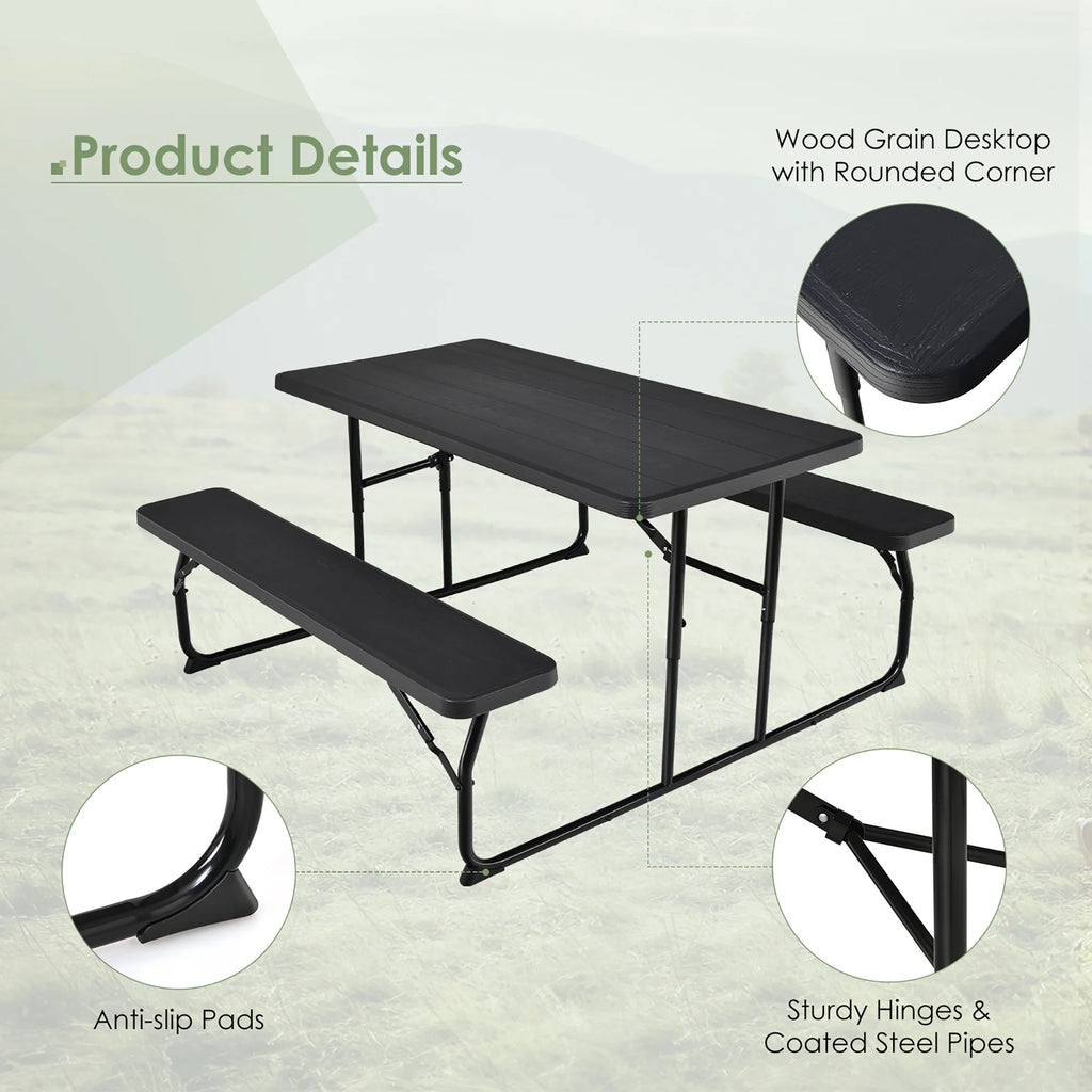 Costway Indoor & Outdoor Folding Picnic Table Bench Set w/ Wood-like Texture Grey