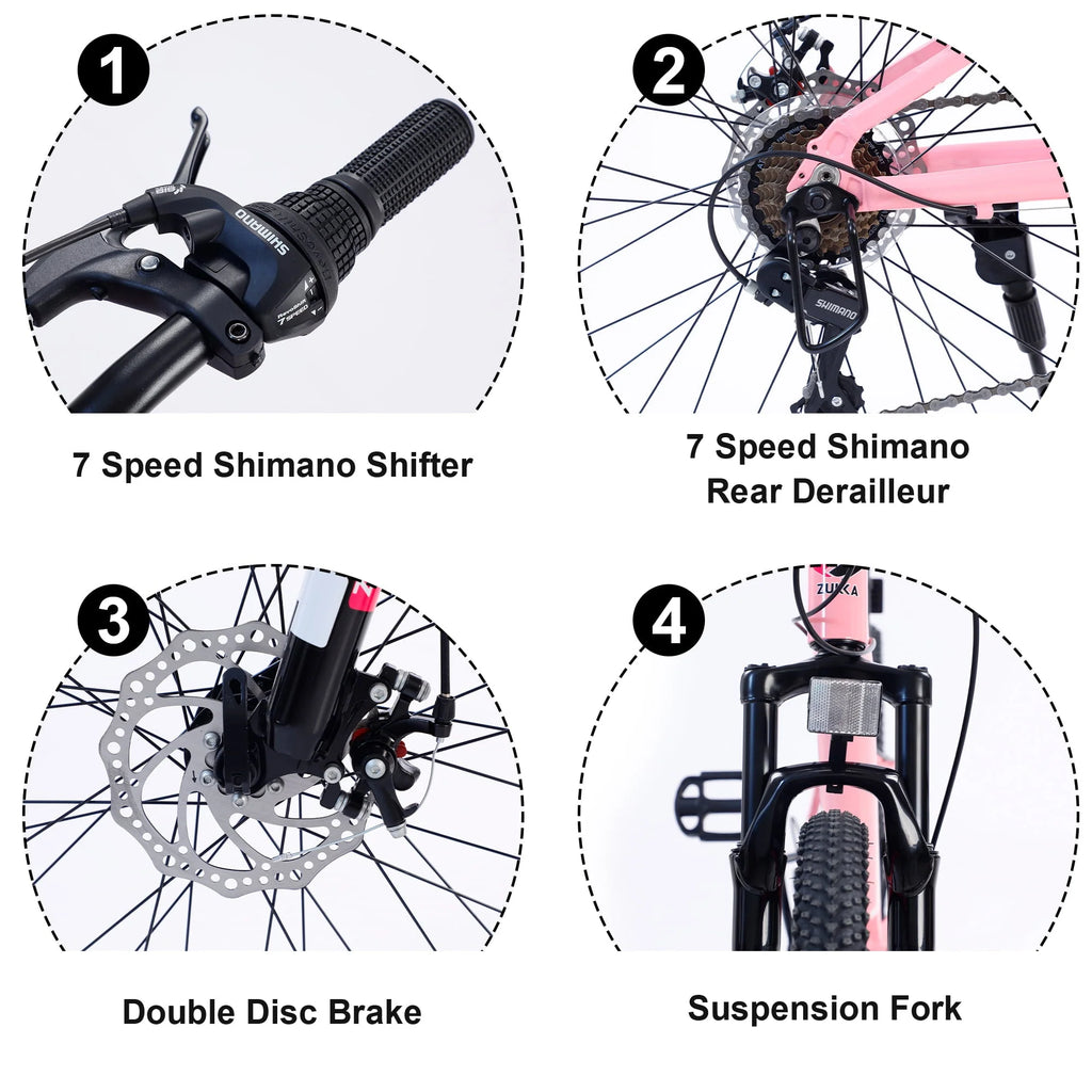 iYofe 24 Inch Kids Mountain Bikes for Girls and Boys, Shimano 7-Speed Girls Mountain Bike for 9-12 Years Old, Pink