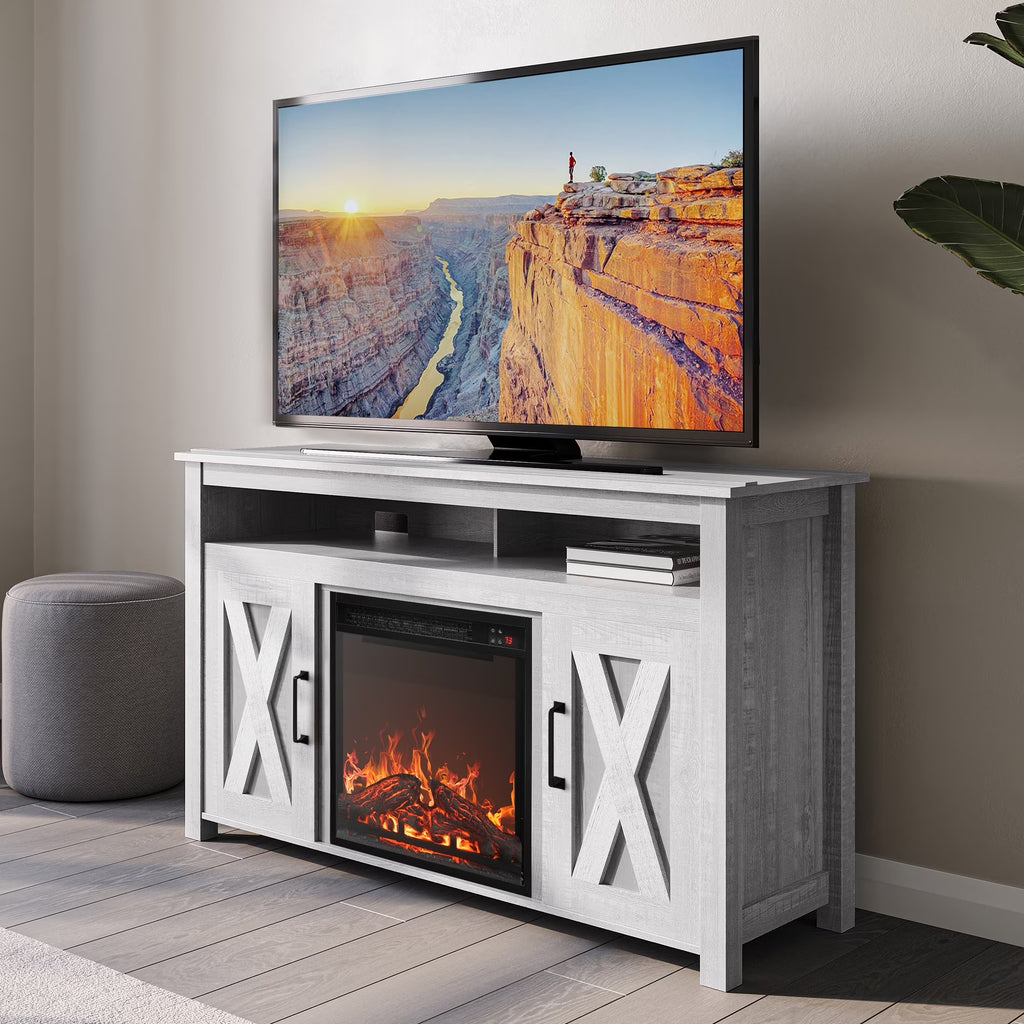 BELLEZE 58 Inch TV Stand, Contemporary Entertainment Center for TVs up to 65", Wood Media Console Table with Two Open Shelves and Barn Door Cabinets - Corin (White)