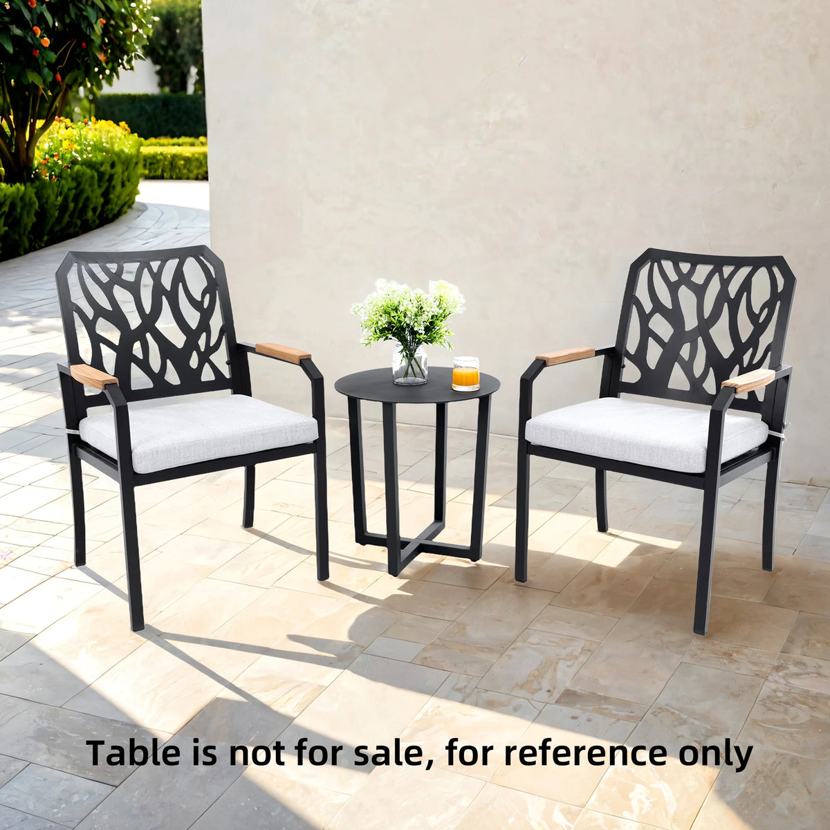Outdoor Patio K/D Aluminum Stationary Dining Chairs 2PCS with Outdoor-grade Sunbrella Fabric Cushions, Branch-Like Backrest ,FSC-Certified Wood Armrests, Bourbon Brown