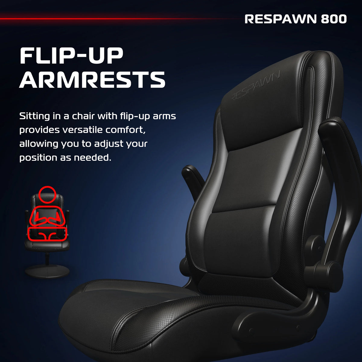RESPAWN 800 Swivel Rocker Gaming Chair - Ergonomic Floor Gaming Seat with Lumbar Support, Flip Up Armrest, High Back, Pedestal Base, Comfortable No Wheels Console Video Game Rocker Chair - Red