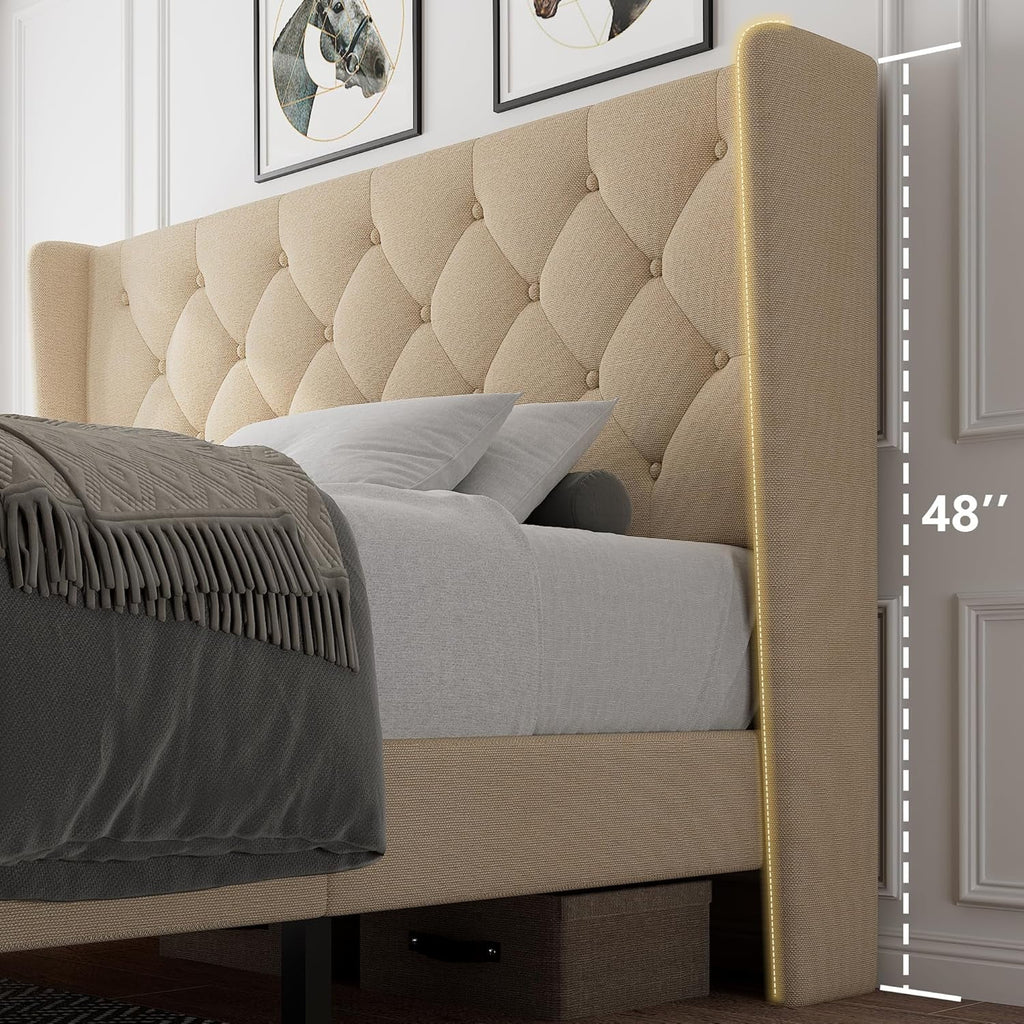 iPormis Full Size Bed Frame with Diamond Button Tufted Wingback Headboard, Upholstered Platform Bed Frame with Strong Wood Slat Support, No Box Spring Needed,Black
