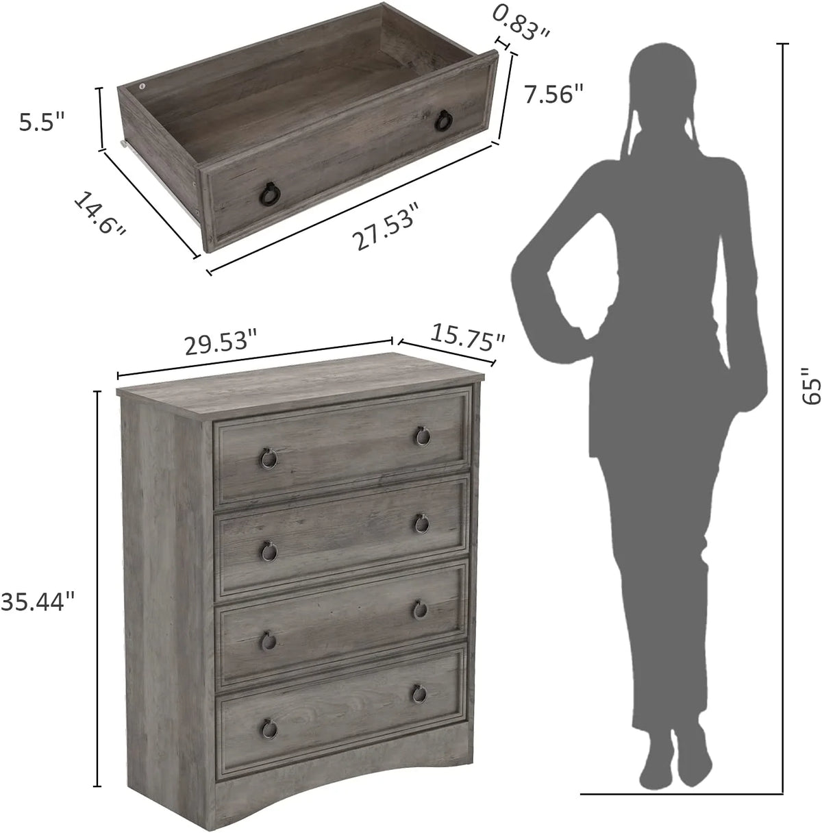 LGHM 4 Drawer Dresser, Modern Wood Chest Dresser for Bedroom Livingroom Gray