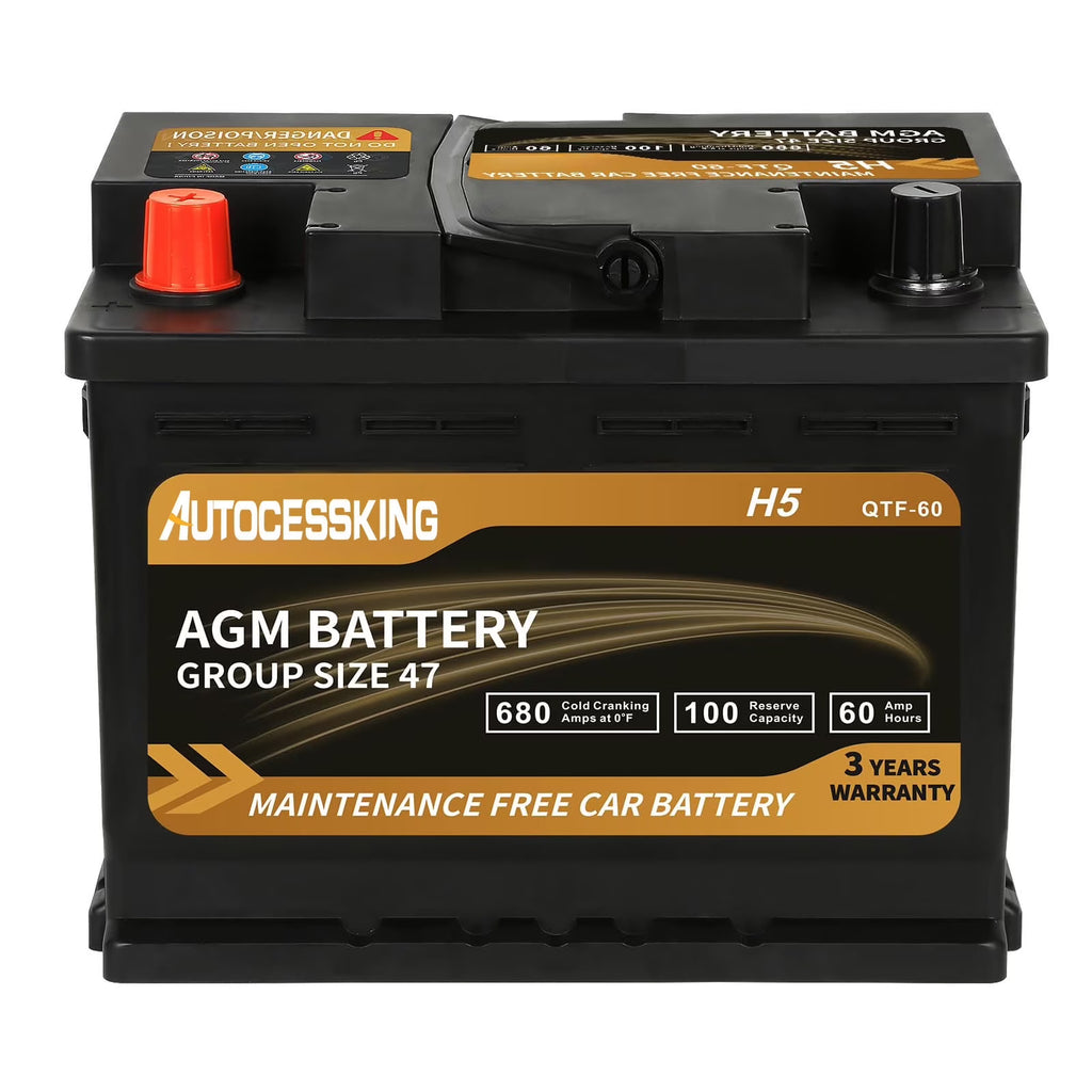 Autocessking Platinum AGM Battery, Group 47 Rechargeable Automotive Batteries for Car, 12V H5 680CCA 60Ah 100RC