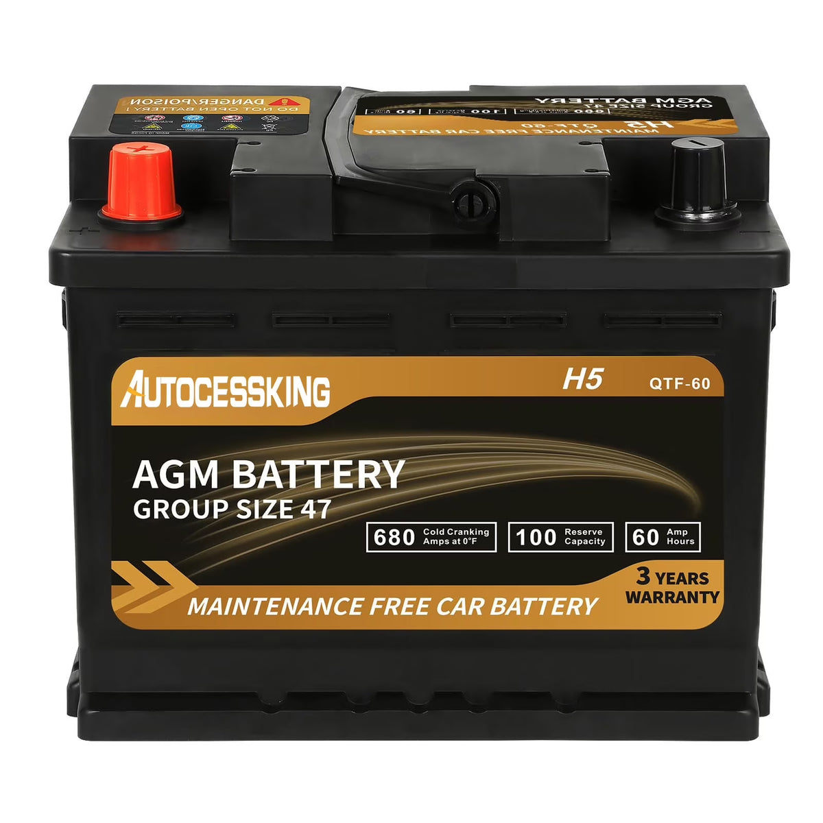 Autocessking Platinum AGM Battery, Group 47 Rechargeable Automotive Batteries for Car, 12V H5 680CCA 60Ah 100RC