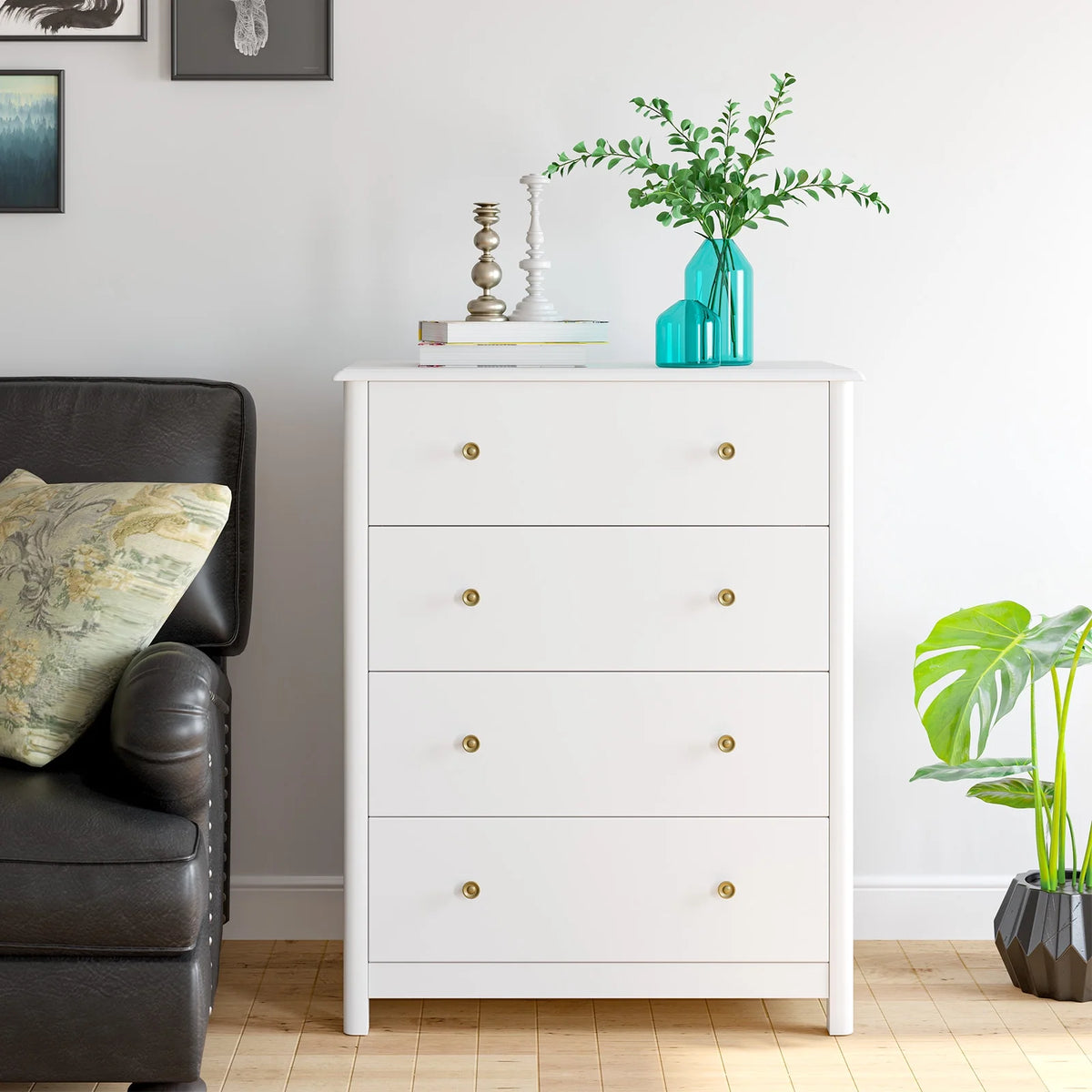 Homfa Vertical Dresser with 4 Drawer, Wide Chest of Drawers Nightstand for Bedroom Closet Entryway, White