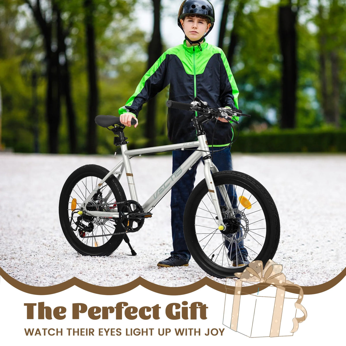 20 Inch Kids Bike for Boys Girls, 7-Speed Children Road Bike with Steel Frame and Dual Disc Brakes, Kids Road Bicycle for Ages 6-12 Years Old Birthday Gift, Silver