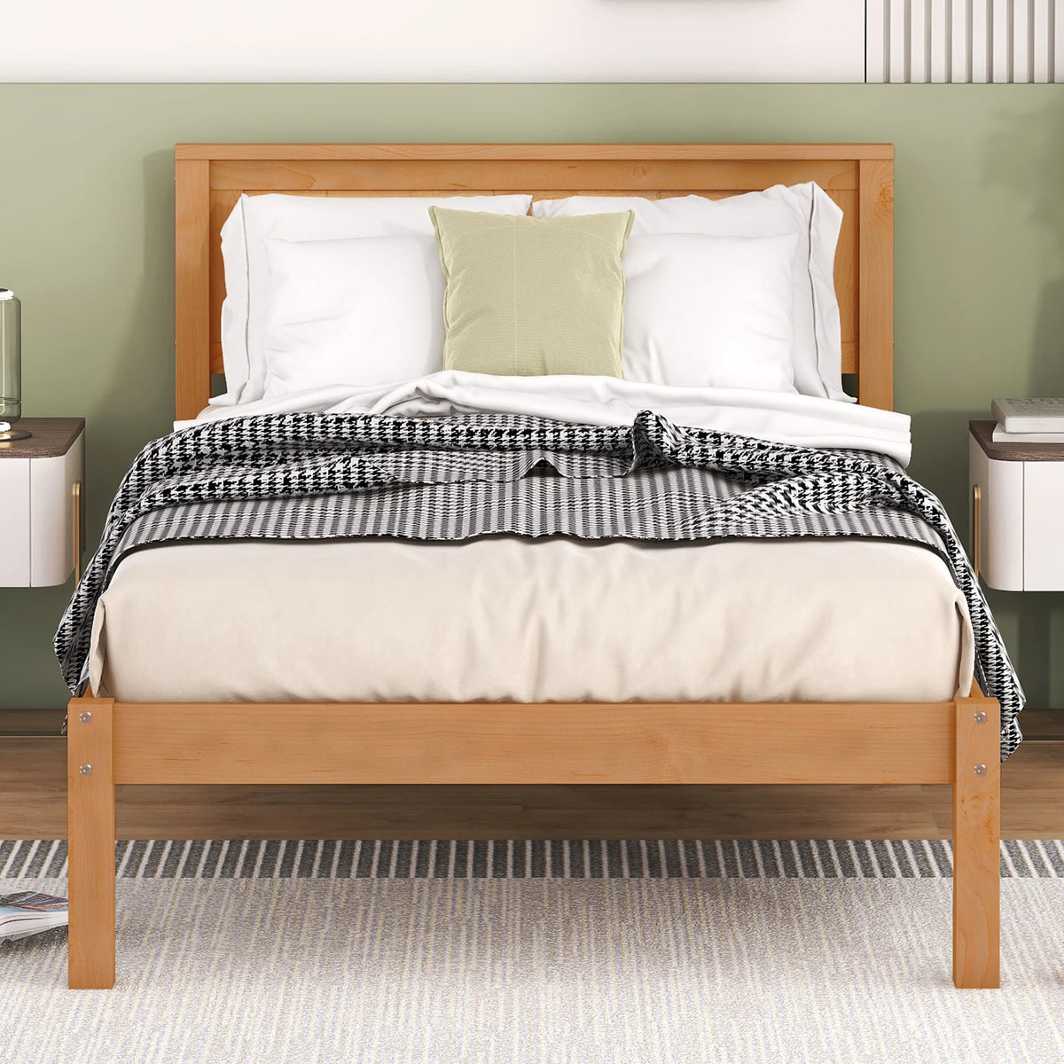 Euroco Twin Platform Bed, Modern Wood Frame Bed with Headboard and Slats for Kids Room, Oak