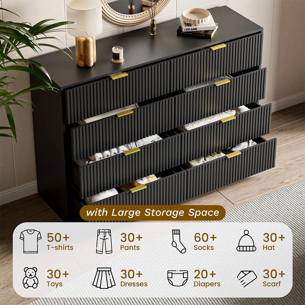 Furniway Black Dresser for Bedroom, 8 Drawer Double Dresser, Modern Chest of Drawers for Bedroom, Living Room, Entryway and Closet, 55" L x 15.7" D x 37.4" H