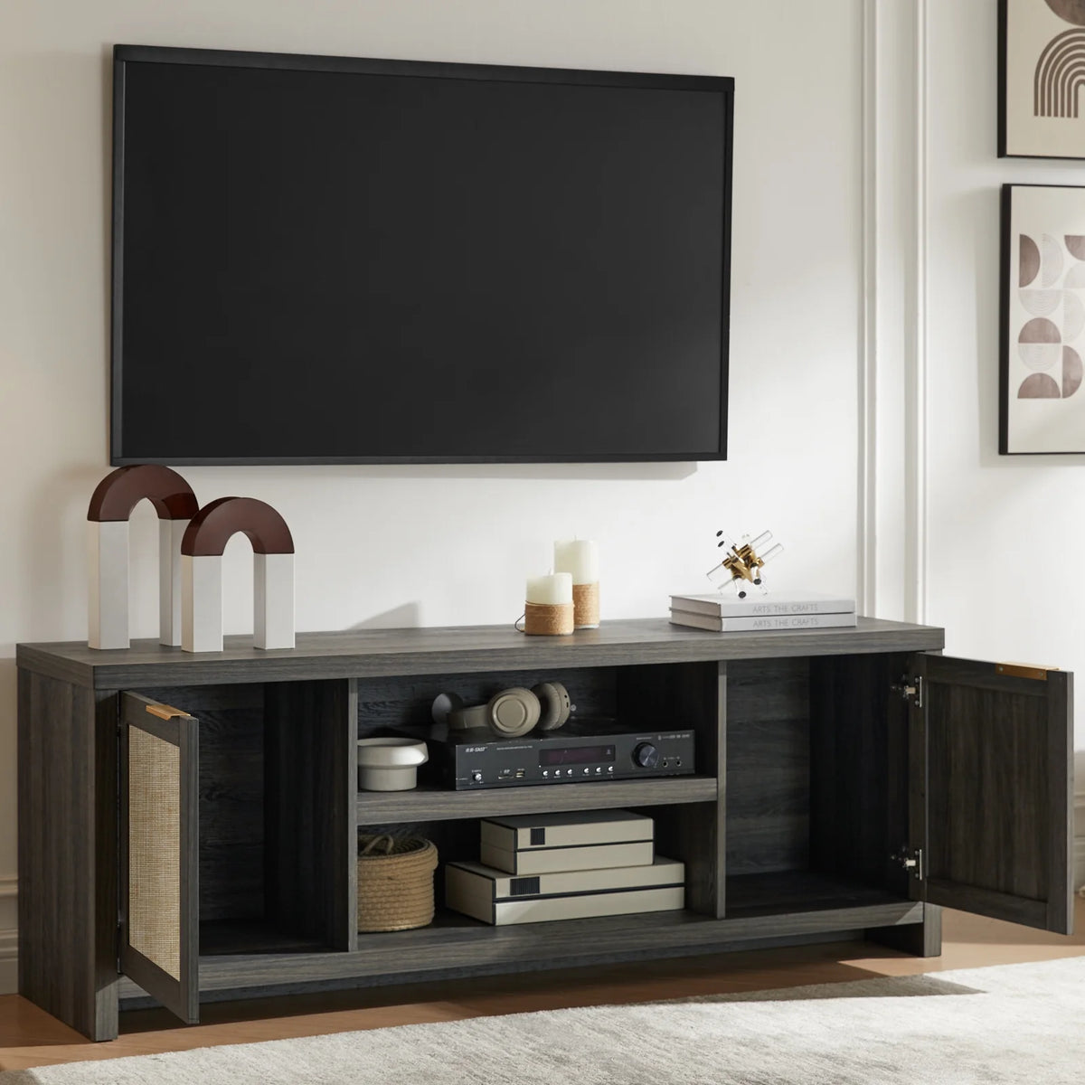 OAKHAM Rattan Tv Stands for 65 Inch Tv, Modern Farmhouse Entertainment Center, TV Console Table with Storage, Wood Media Console with Cabinet, Special Walnut