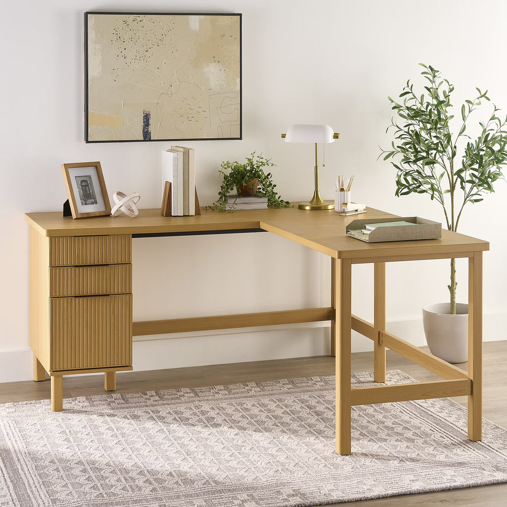 Better Homes & Gardens Lillian Fluted L-Shape Desk, Natural Pine Finish