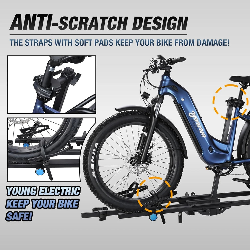 Young Electric Ebike Rack, 200lb Capacity, Alloy Steel Hitch Mount, Fits 5-Inch Fat Tire Bikes, 2-Inch Receiver