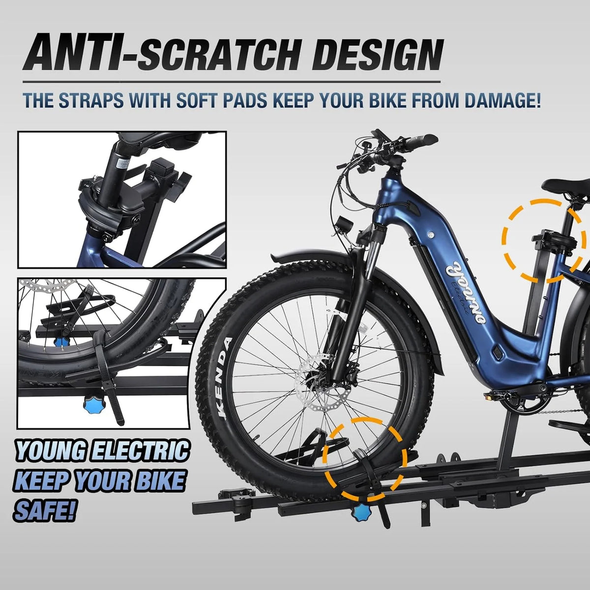 Young Electric Ebike Rack, 200lb Capacity, Alloy Steel Hitch Mount, Fits 5-Inch Fat Tire Bikes, 2-Inch Receiver