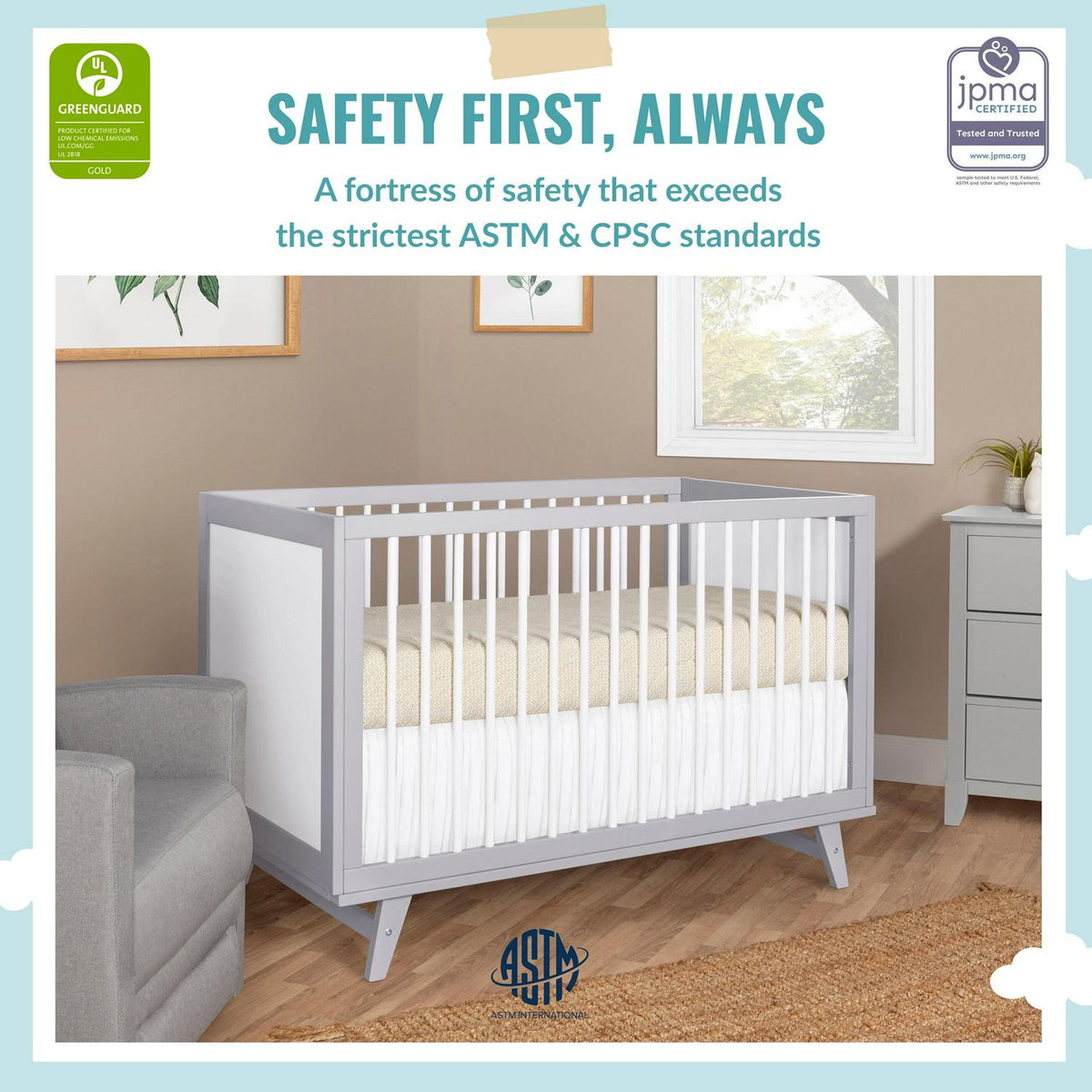 Dream On Me Carter 5-in-1 Full Size Convertible Crib. Grey and White