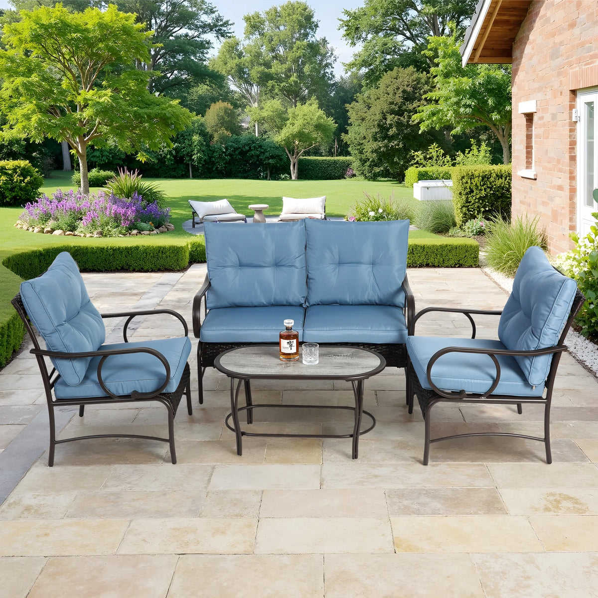 Patio Sofa Set, 4 Pieces Outdoor Sectional Furniture, All-Weather PE Rattan Wicker Patio Conversation Set, Cushioned Sofa Set with Coffee Table for Patio Garden Poolside Deck