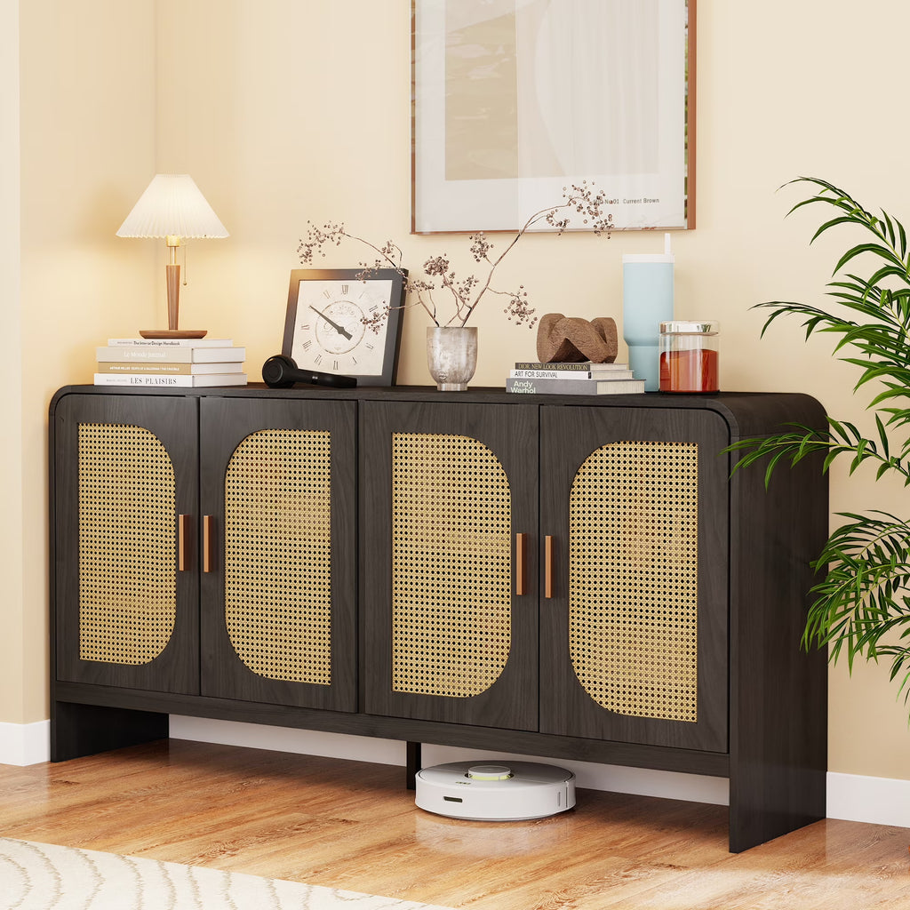 Modern Rattan Sideboard Buffet Cabinet, Kitchen Storage Cabinet, Living Room TV Stand for TVs up to 65", Entertainment Center with Adjustable Shelf, for Dining Living Room Hallway, White