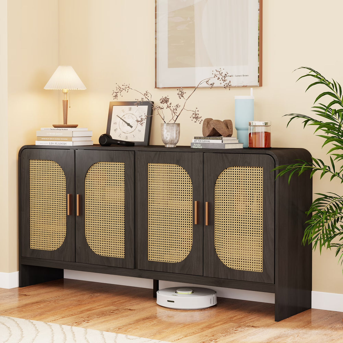 Modern Rattan Sideboard Buffet Cabinet, Kitchen Storage Cabinet, Living Room TV Stand for TVs up to 65", Entertainment Center with Adjustable Shelf, for Dining Living Room Hallway, White