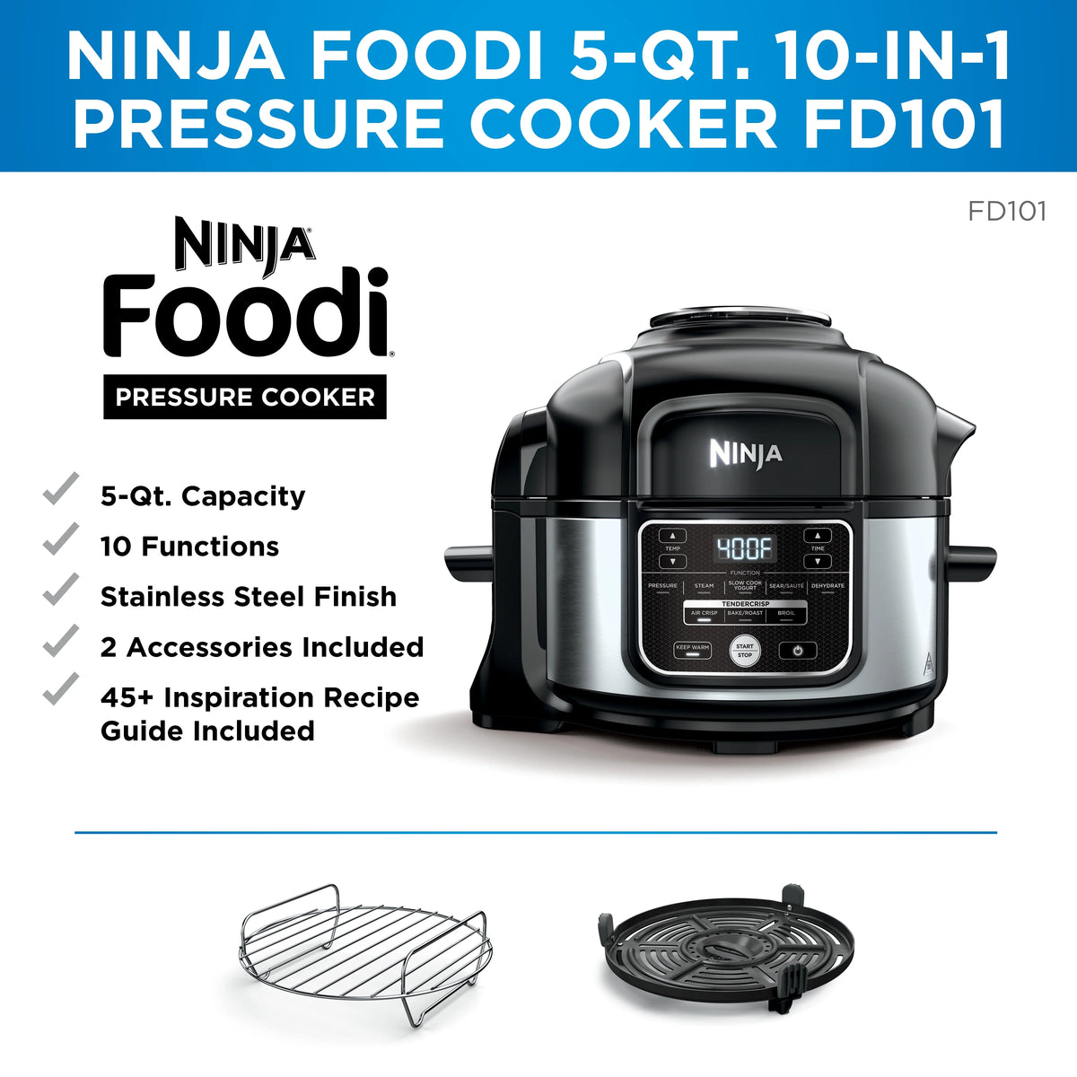 Ninja Foodi 10-in-1 5 Qt Pressure Cooker, Steamer, Bake, Broil, Dehydrate, Air Fryer, Non-Stick, FD101 Stainless Steel