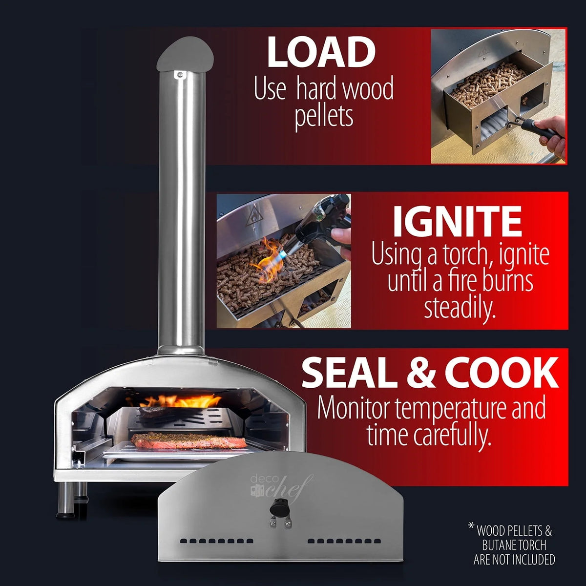 Deco Chef Outdoor Pizza Oven with 2-in-1 Pizza and Grill Oven Functionality, 13" Pizza Stone, Portable Stainless Steel Construction, Pizza Peel, Dough Scraper, Scoop, Slotted Grill (Black)