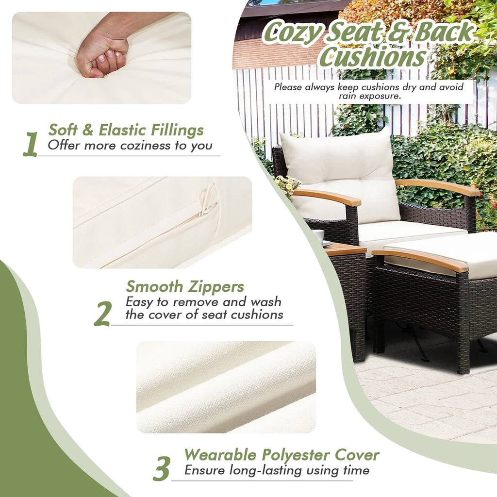 Costway 5PCS Patio Rattan Furniture Set Sofa Ottoman Cushioned Table W/Wood Top