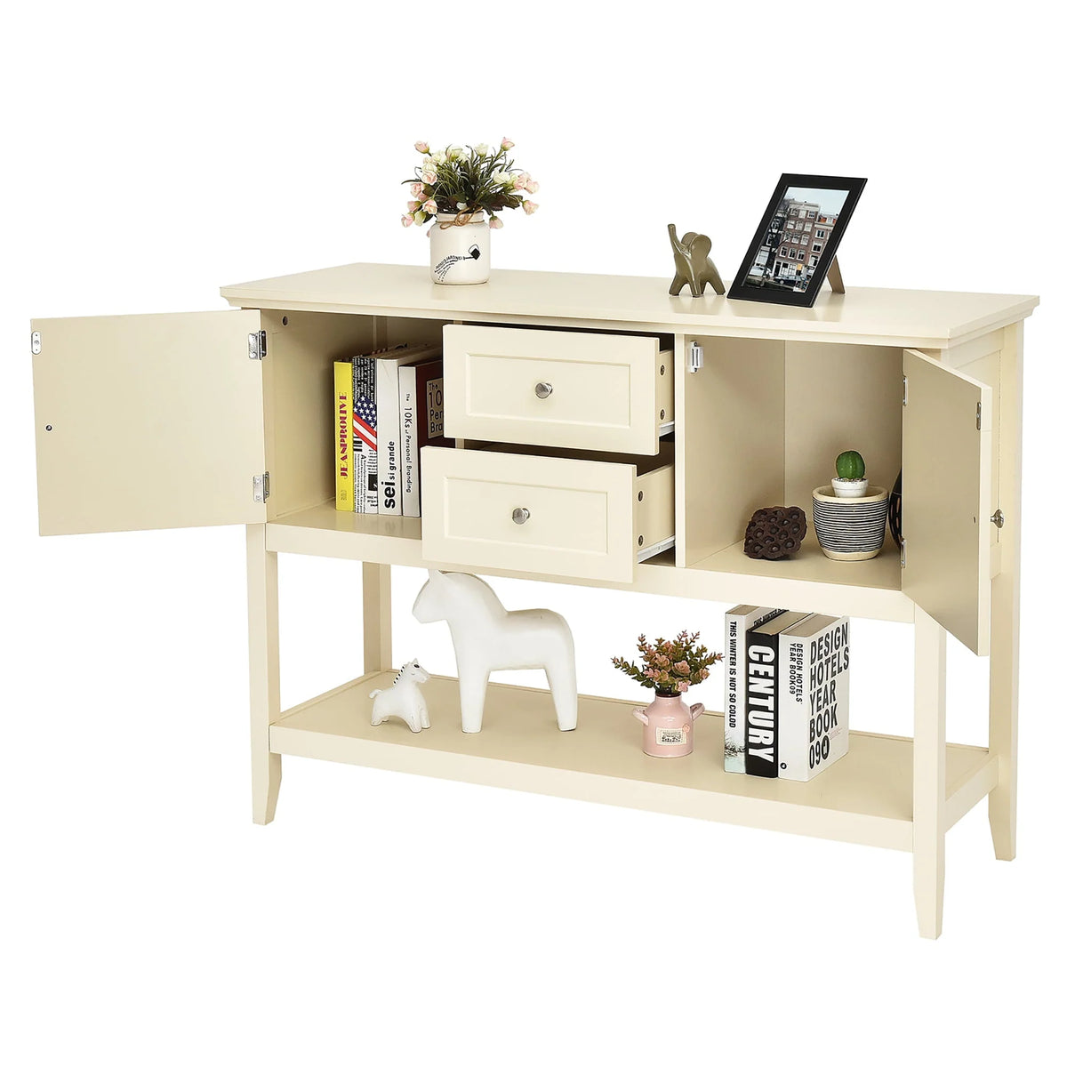 Costway Sideboard Buffet Table Wooden Console Table w/ Drawers & Cabinets Beige