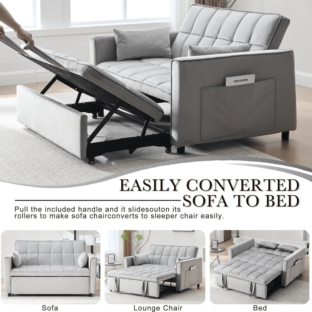 BINBANK Black Velvet 3-in-1 Convertible Sleeper Sofa Bed a?? USB Charging, Adjustable Backrest Pull-Out Futon Loveseat Couch for Living Room, Apartment & Small Space