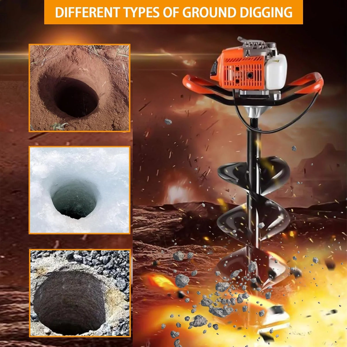 PRIJESSE Gas Powered Earth Digger Post Hole Digger with 3 Extension Rods + 3 Auger Drill Bits