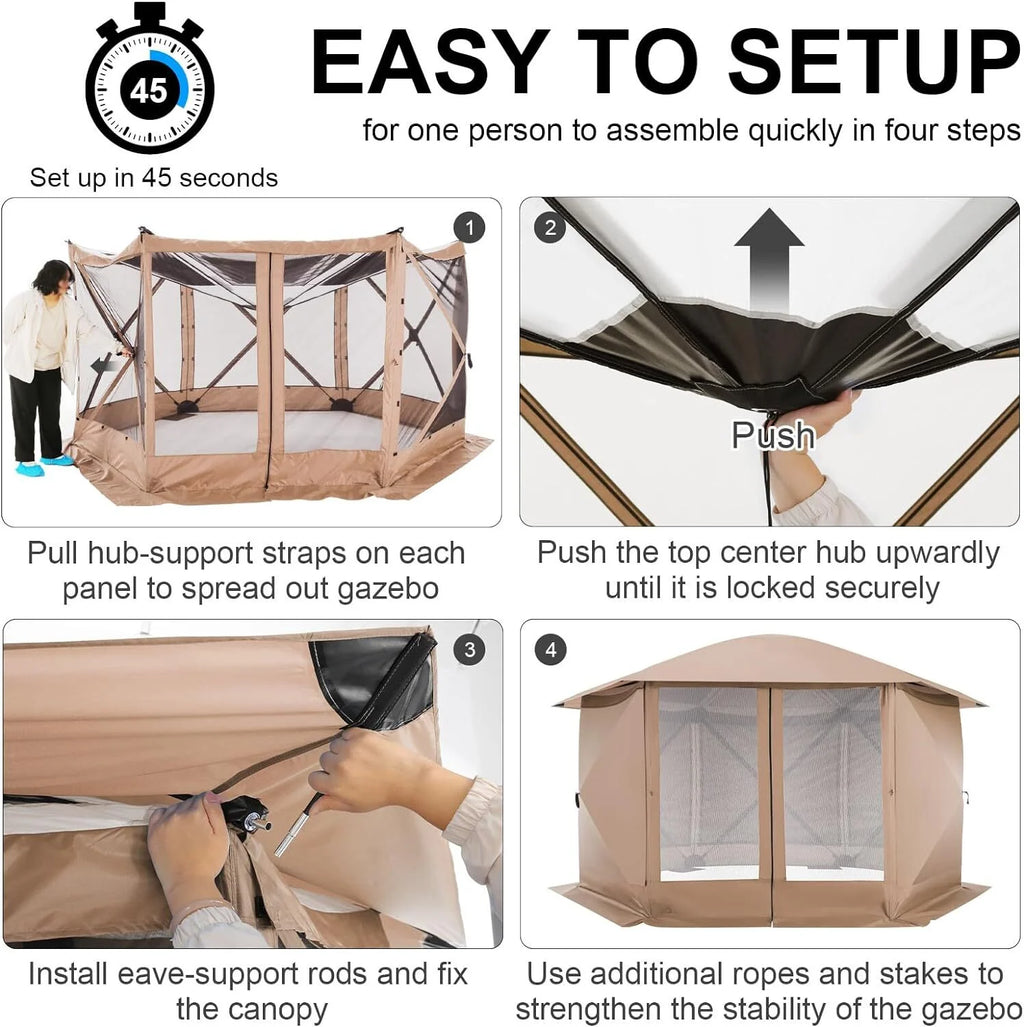 COBIZI 12'x12' Pop-up Gazebo Outdoor Camping Tent with 6 Sides Mosquito Netting, Waterproof, UV Resistant, Portable Screen House Room, Easy Set-up Party Tent with Carry bag, Ground Spike, Brown